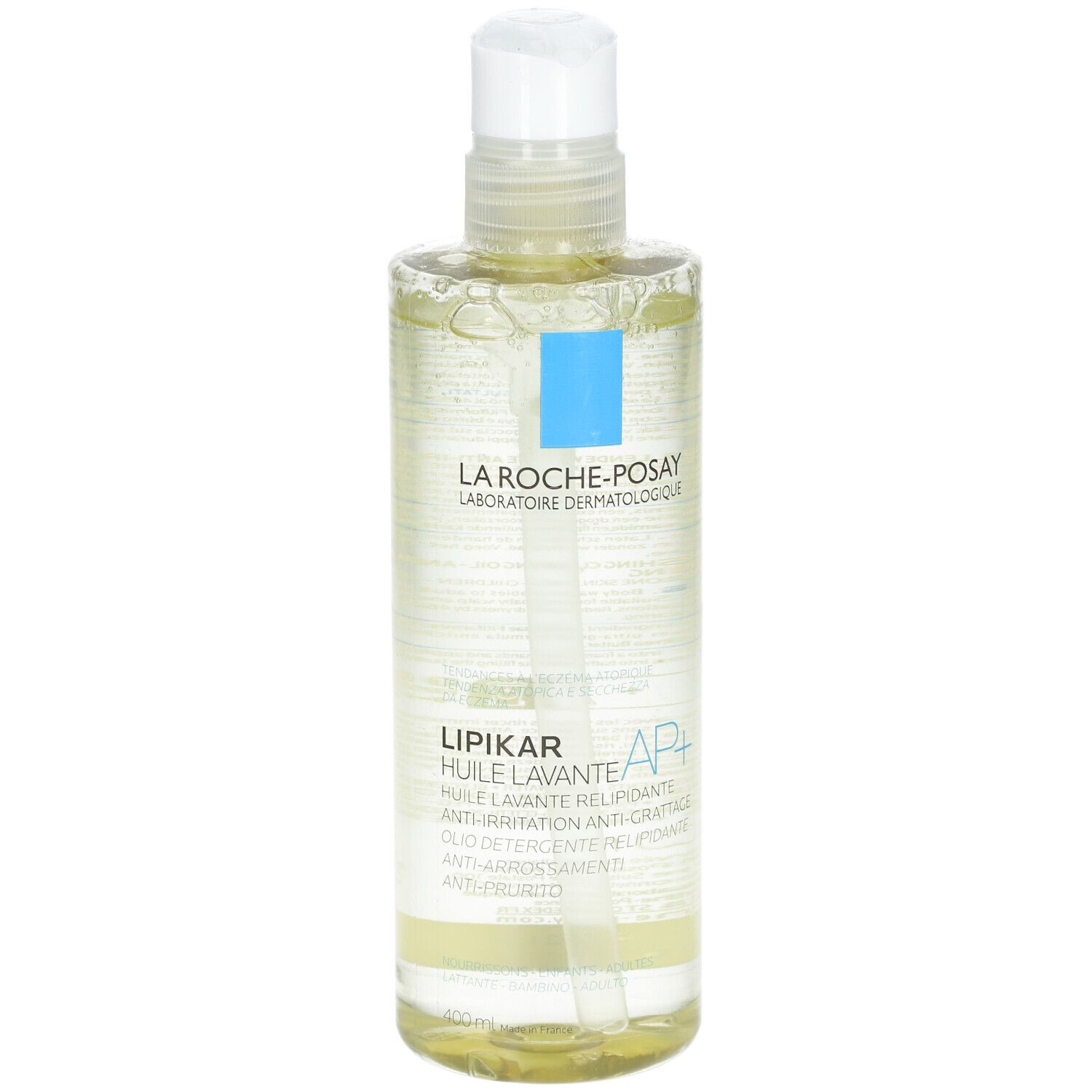 La Roche-Posay Lipikar Douch- en Badolie AP+. Fles met pomp. Transparante olie. Blauw logo.