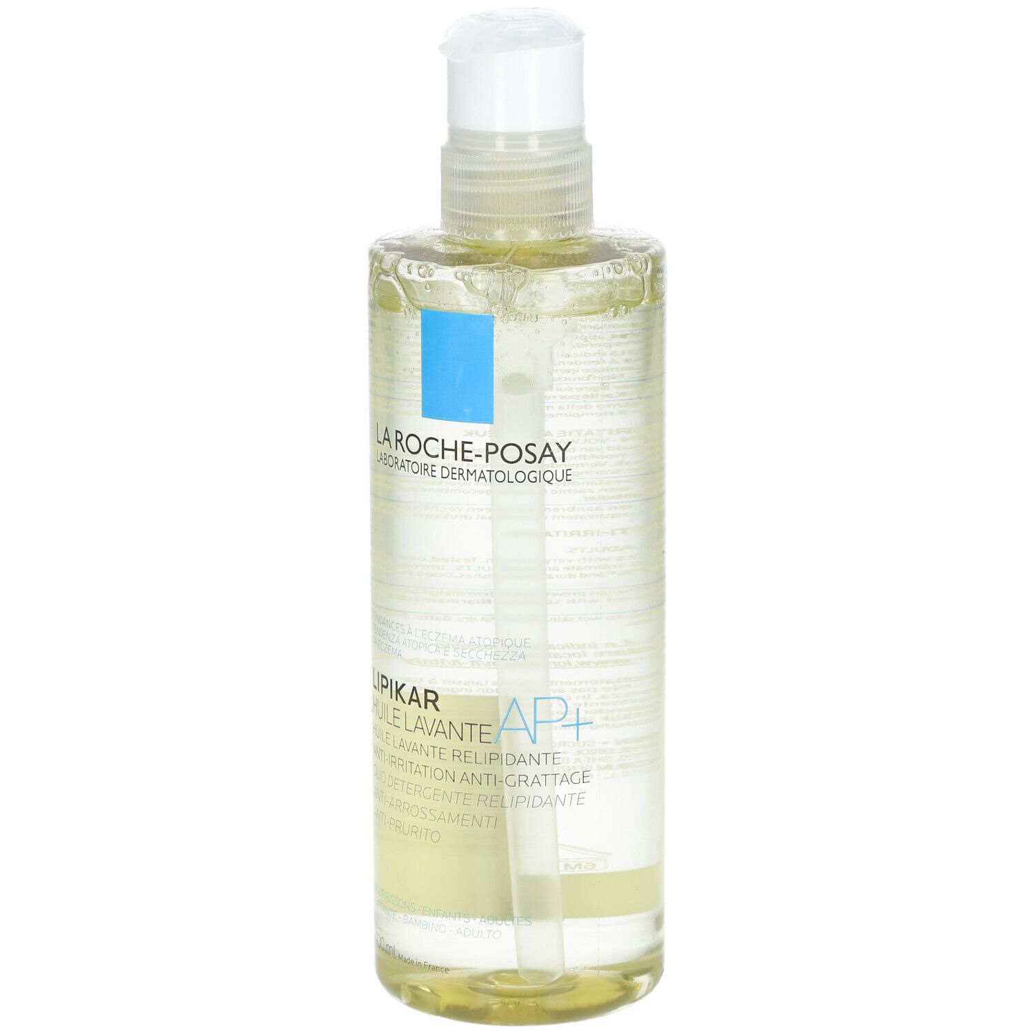 La Roche-Posay Lipikar Douch- en Badolie AP+. Fles met pomp. Transparante olie. Blauw logo.