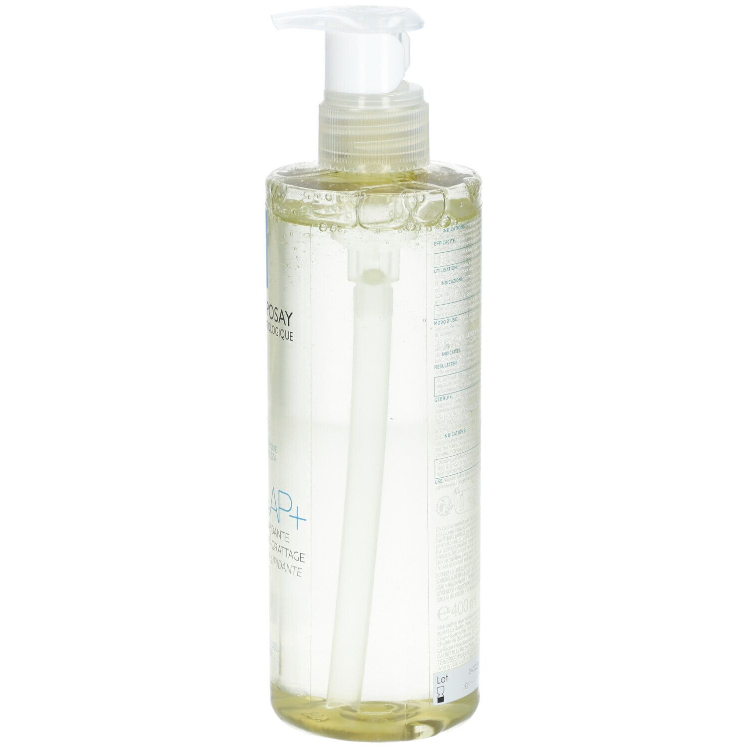 La Roche-Posay Lipikar Douch- en Badolie AP+. Fles met pomp. Transparante olie. Achterkant.