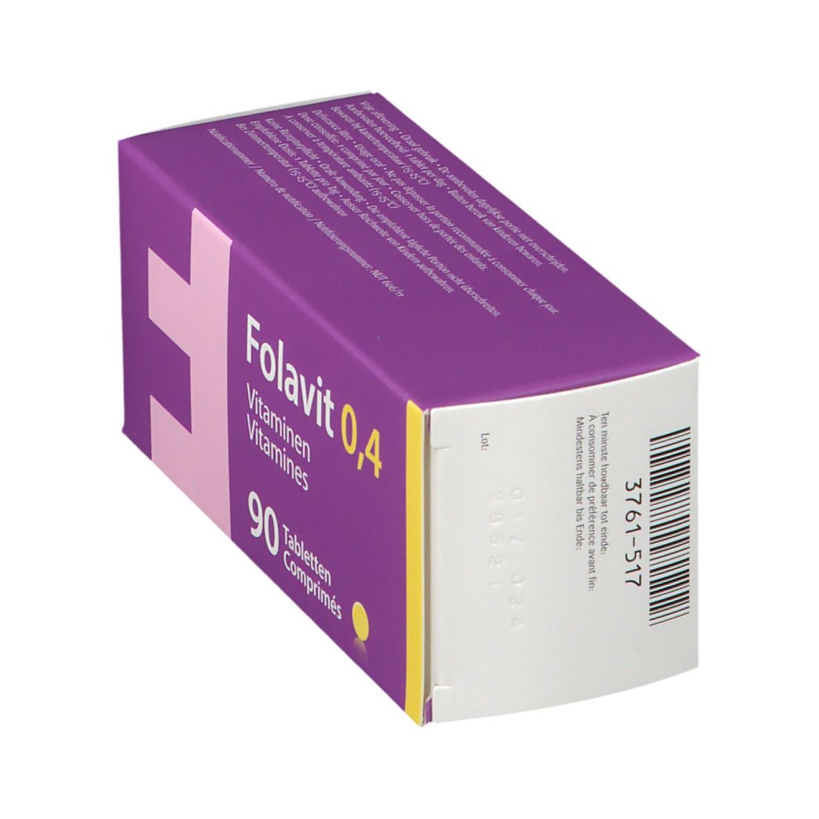 Boîte violette "Folavit 0,4 Vitamines". 90 comprimés. Vue latérale. Fond blanc.