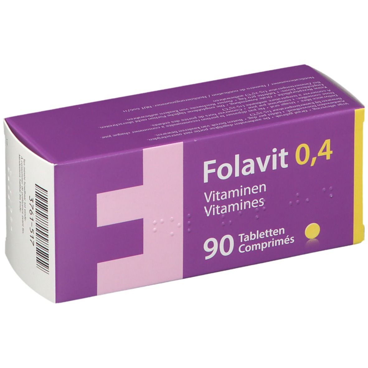 Boîte violette "Folavit 0,4 Vitamines". 90 comprimés. Sur fond blanc.