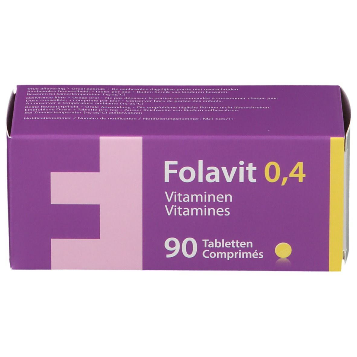Boîte violette "Folavit 0,4 Vitamines". 90 comprimés. Sur fond blanc.