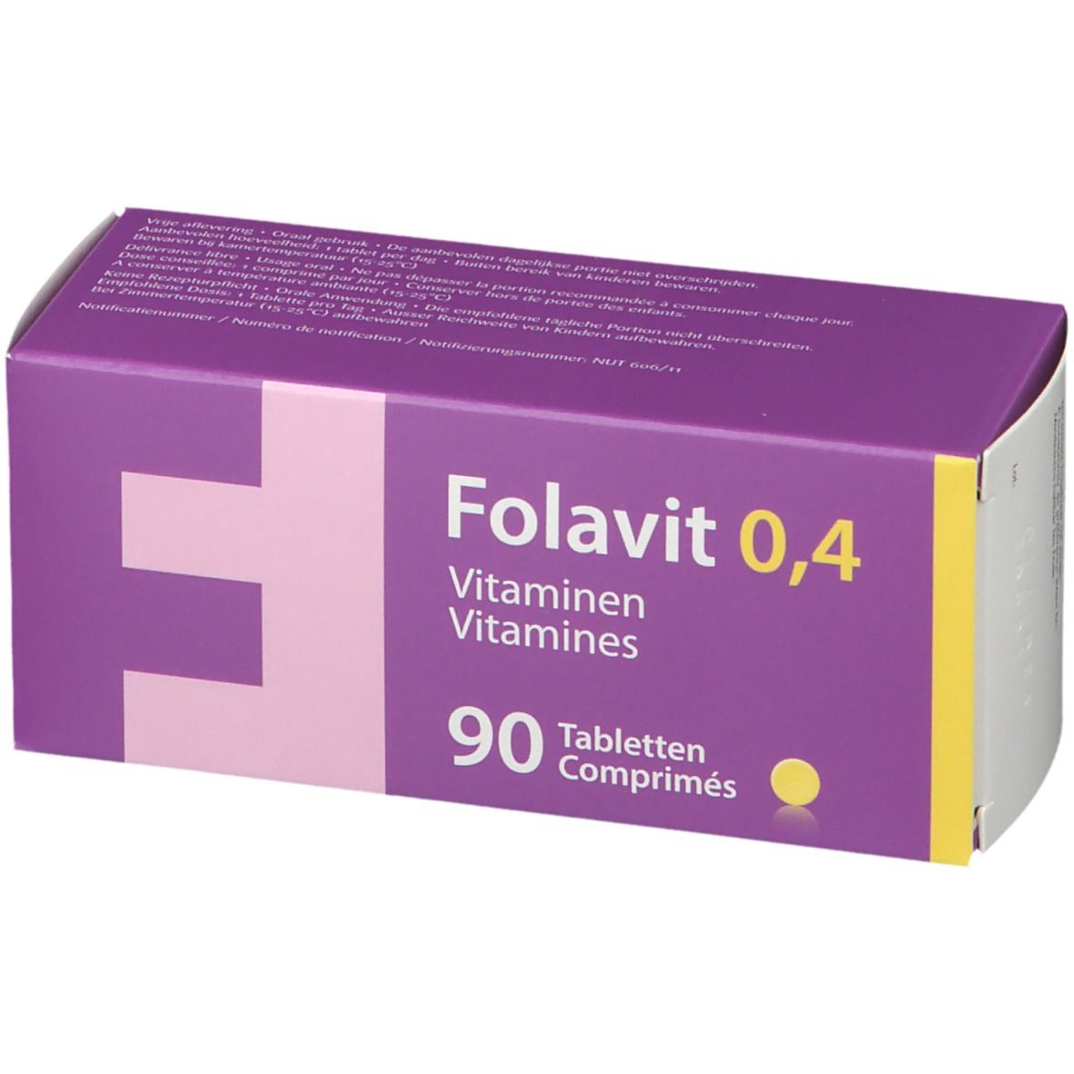 Boîte violette "Folavit 0,4 Vitamines". 90 comprimés. Sur fond blanc.