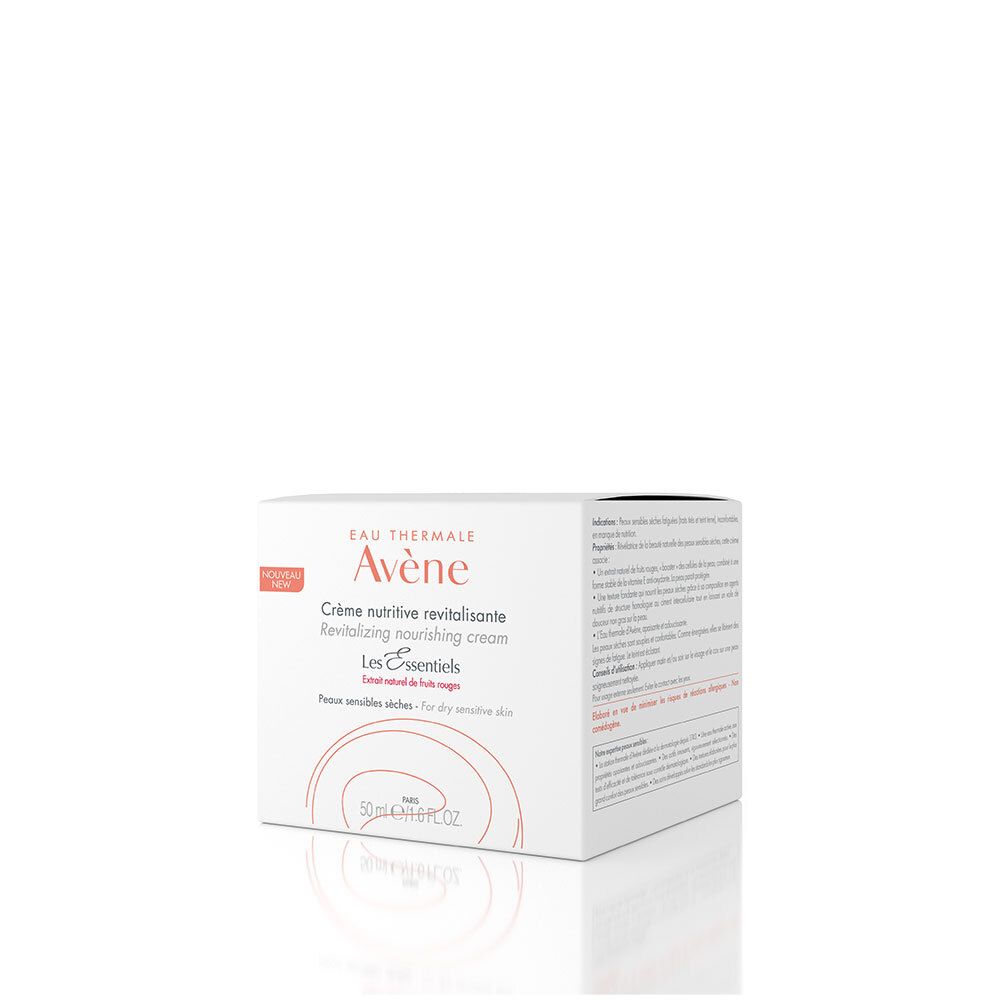 Verpakking van Avène crème. Witte doos met opschrift: Eau Thermale Avène, Crème nutritive revitalisante.