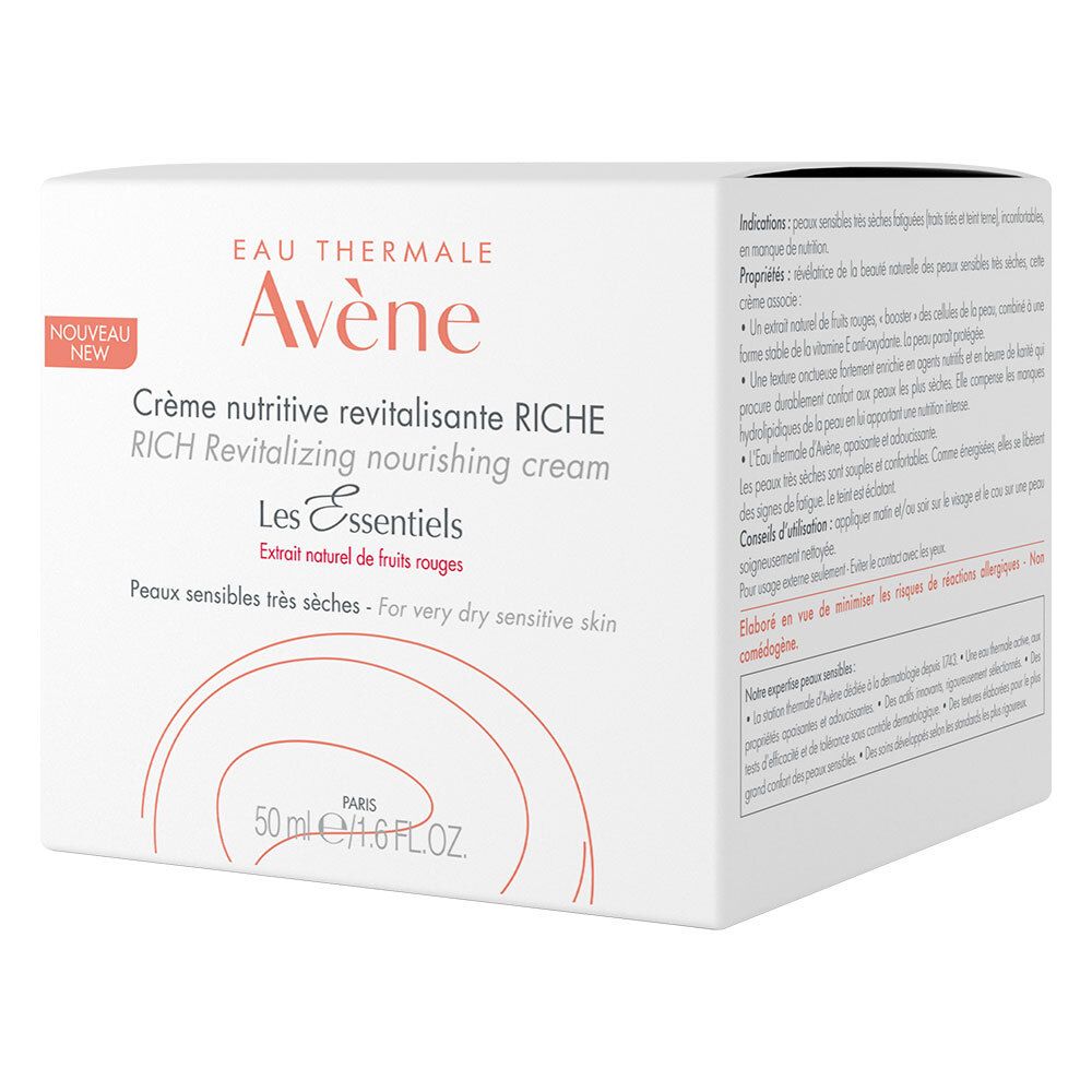 Weiße Verpackung mit Produktinformationen. Aufschrift: Eau Thermale Avène, Crème nutritive revitalisante RICHE. Für sehr trockene, empfindliche Haut.