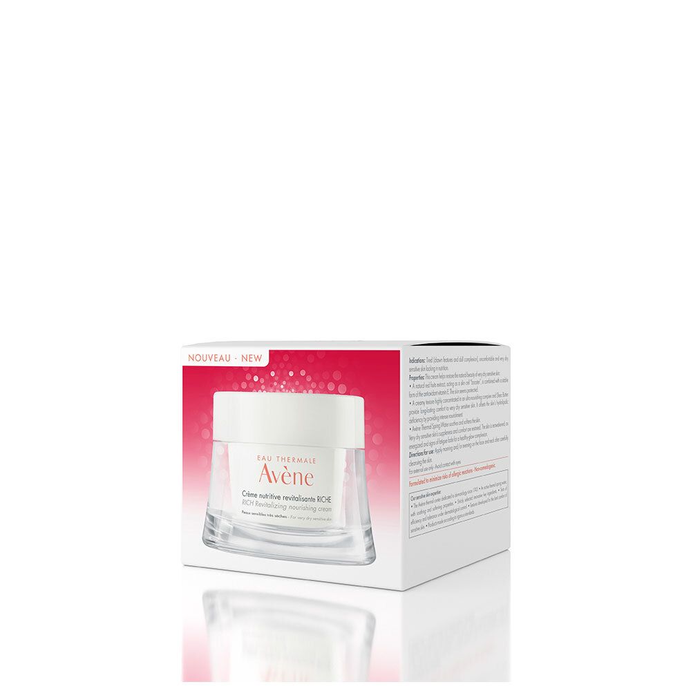 Produktverpackung und Creme-Tiegel. Aufschrift: Eau Thermale Avène, Crème nutritive revitalisante RICHE. Für sehr trockene, empfindliche Haut.