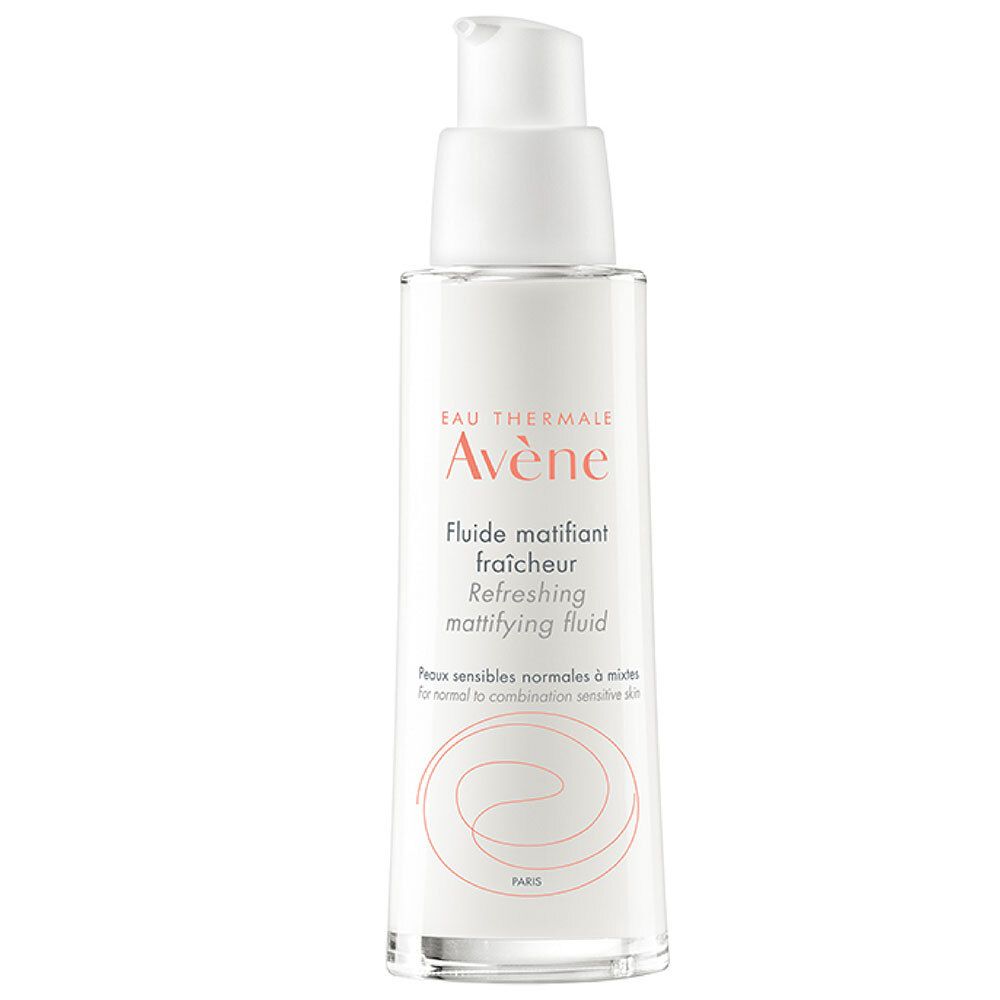 Flacon blanc avec pompe. Inscription: Eau Thermale Avène, Fluide matifiant fraîcheur. Peaux sensibles.