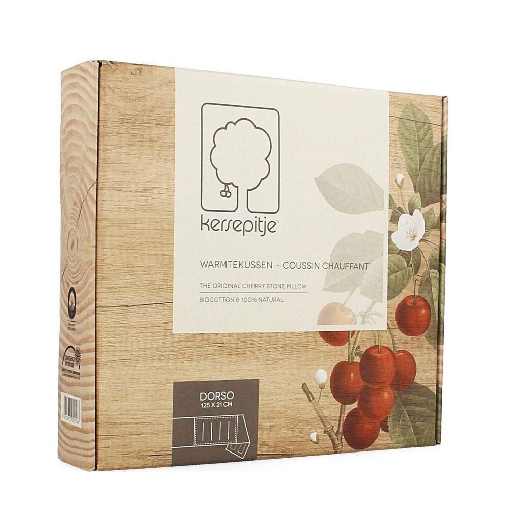 Kartonverpackung mit Produktnamen und Kirschmotiv. Text: Warmtekussen, Coussion Chauffant. Abbildung: Kirschen und Blätter.