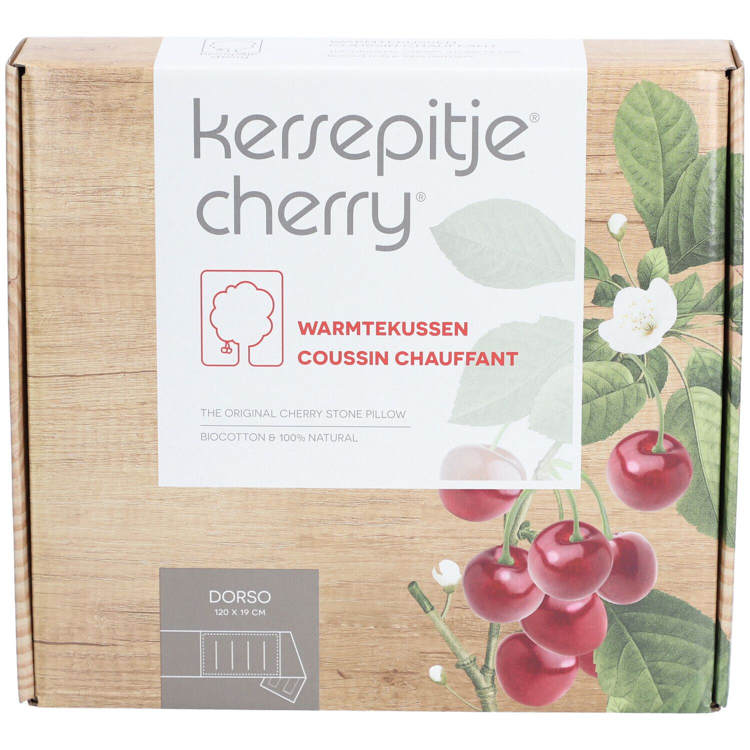 Kartonverpackung mit Produktnamen und Kirschmotiv. Text: Warmtekussen, Coussion Chauffant. Abbildung: Kirschen und Blätter.