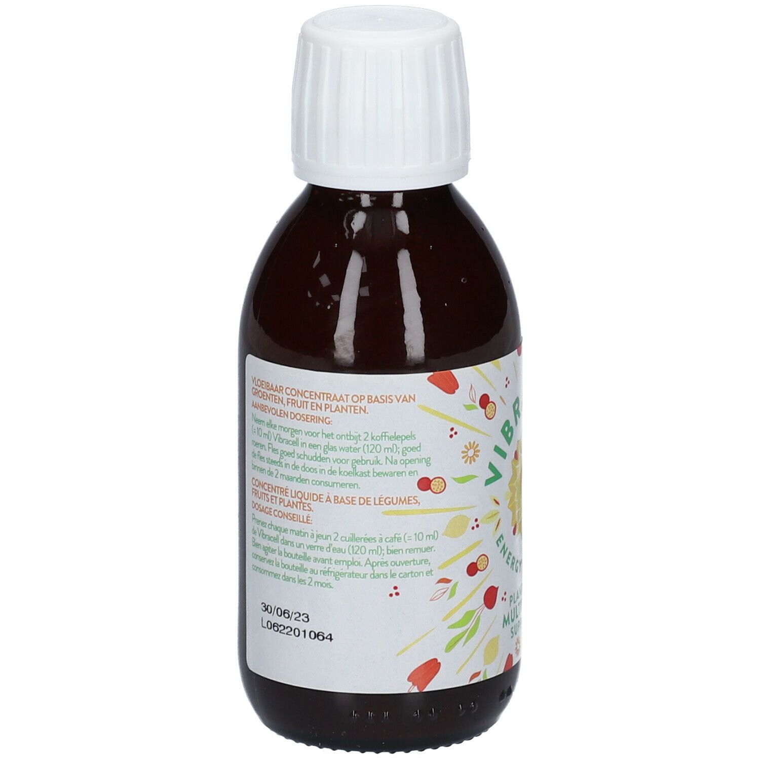 Bouteille en verre brun avec bouchon blanc. Dos avec texte et impressions. Contient un concentré à base de légumes, fruits et plantes.