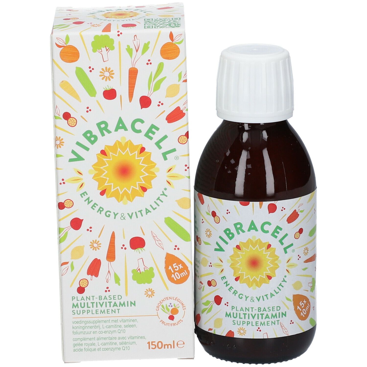 Emballage et bouteille du produit. Emballage avec nom du produit Vibracell, motif soleil et texte. Bouteille avec bouchon blanc.