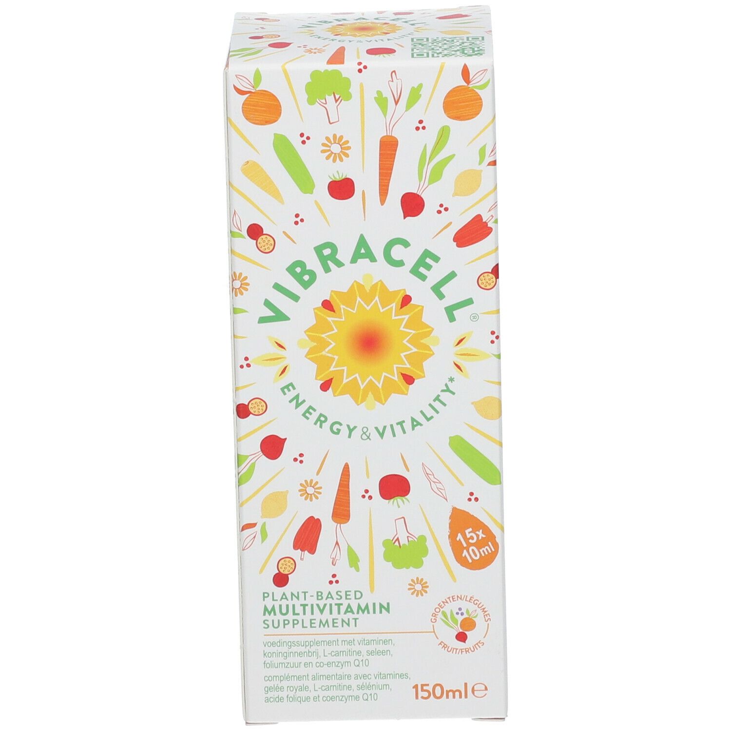Emballage du produit avec nom Vibracell, motif soleil et texte. Contient 150ml.