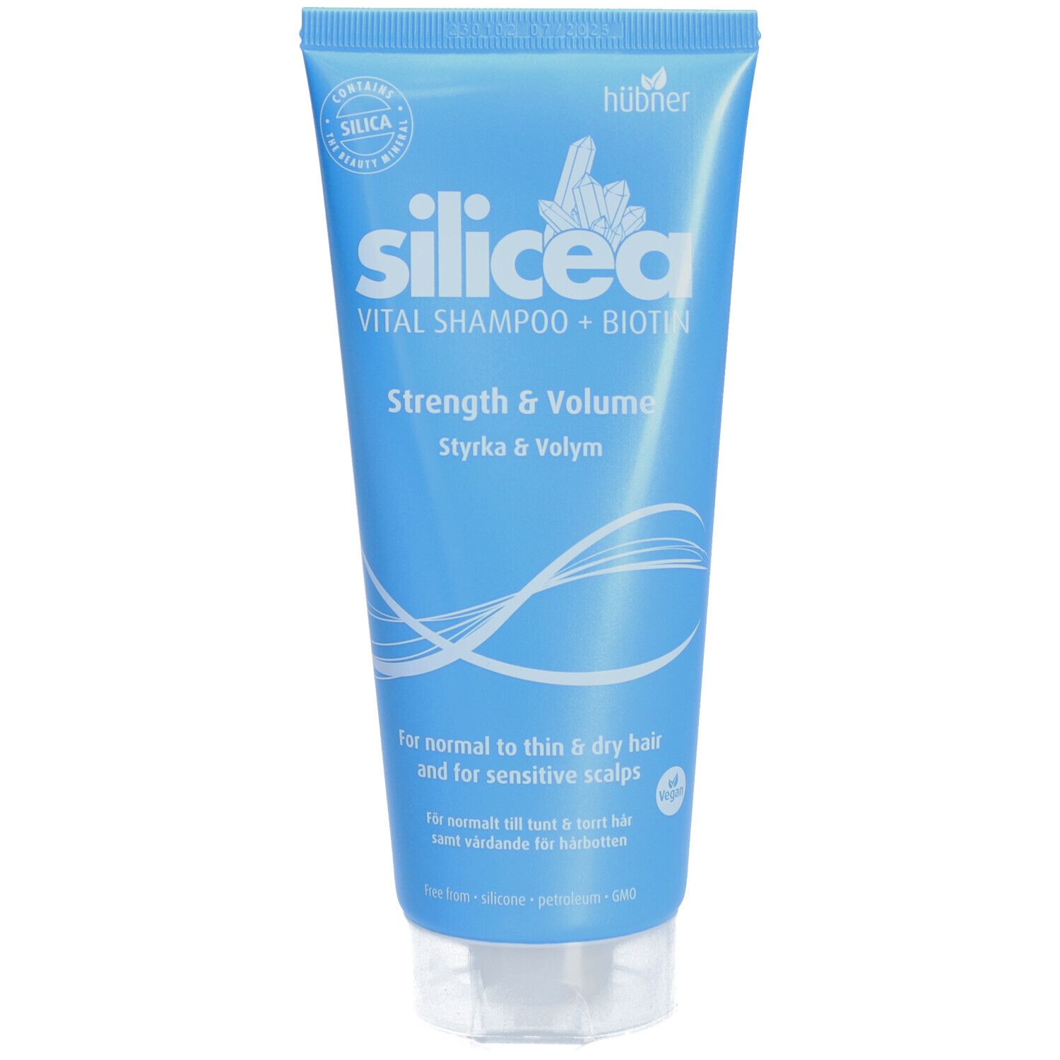 Lichtblauwe tube met "silicea Vital Shampoo + Biotin". Bevat silica. Voor normaal tot dun haar en gevoelige hoofdhuid.