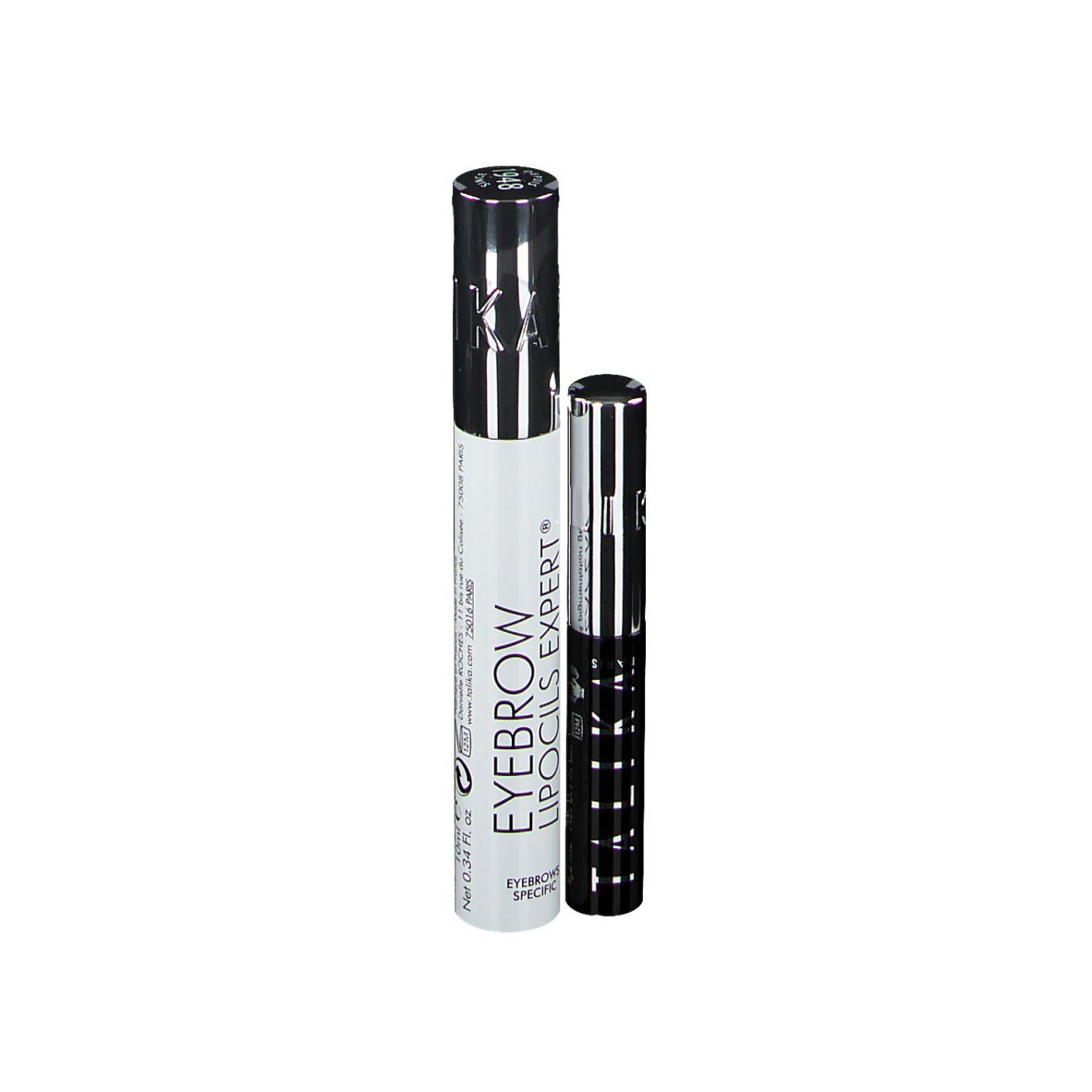 Zwei Kosmetikprodukte. Ein weißer Stift mit schwarzem Deckel und Schriftzug. Ein schwarzer Stift mit silbernem Deckel.