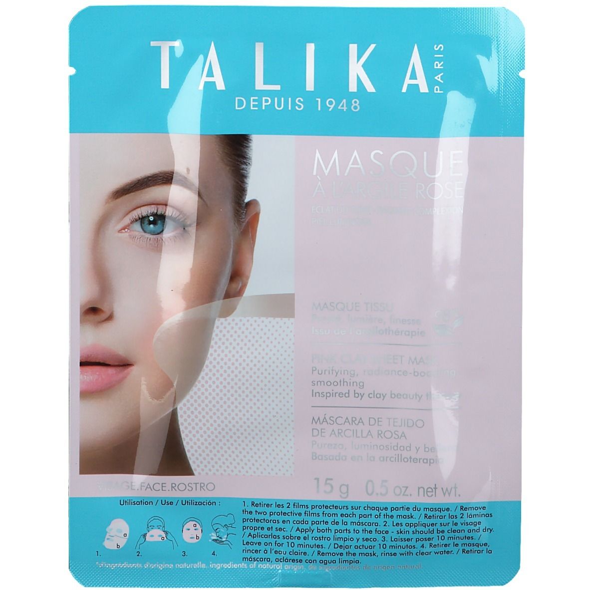 Sachet de masque facial. Marque TALIKA, inscription MASQUE. Couleurs rose et bleu clair. Poids : 15 g.