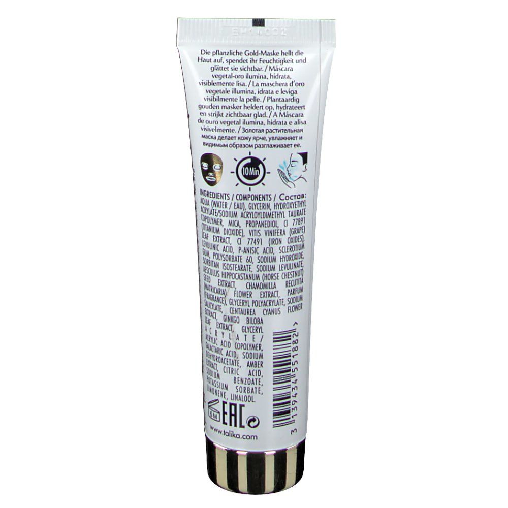 Dos du tube de masque facial. Texte: ingrédients, instructions en plusieurs langues, logo.