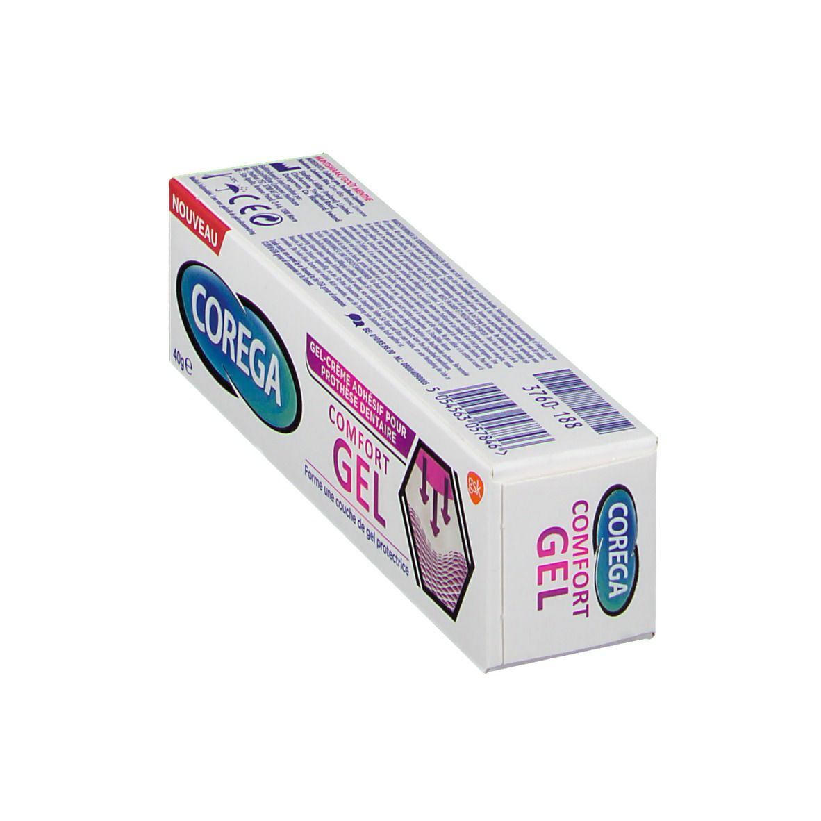 Boîte de Corega Comfort Gel en biais. Blanche, avec texte bleu et rose.