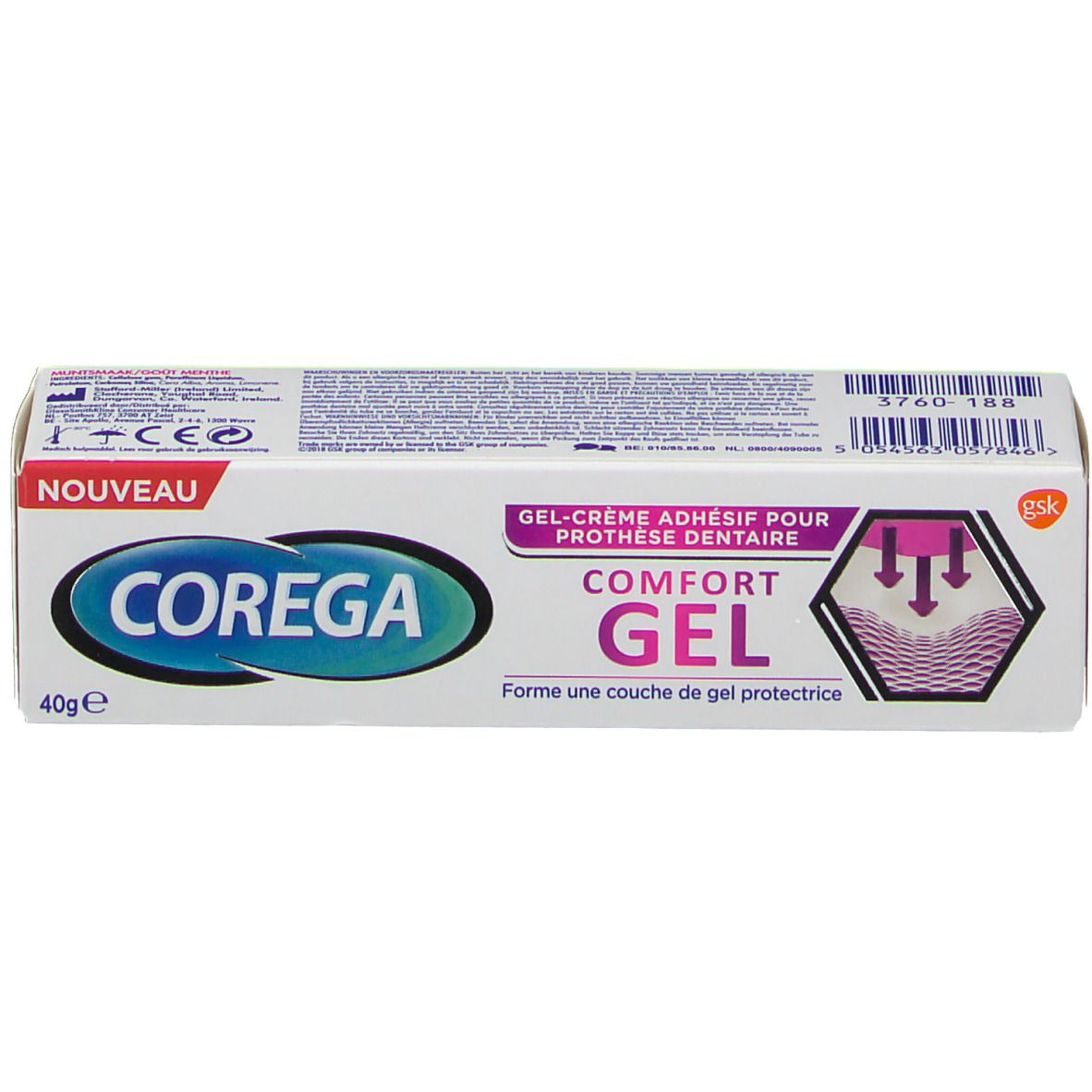 Boîte de Corega Comfort Gel. Blanche, avec texte bleu et rose. Contient 40g.