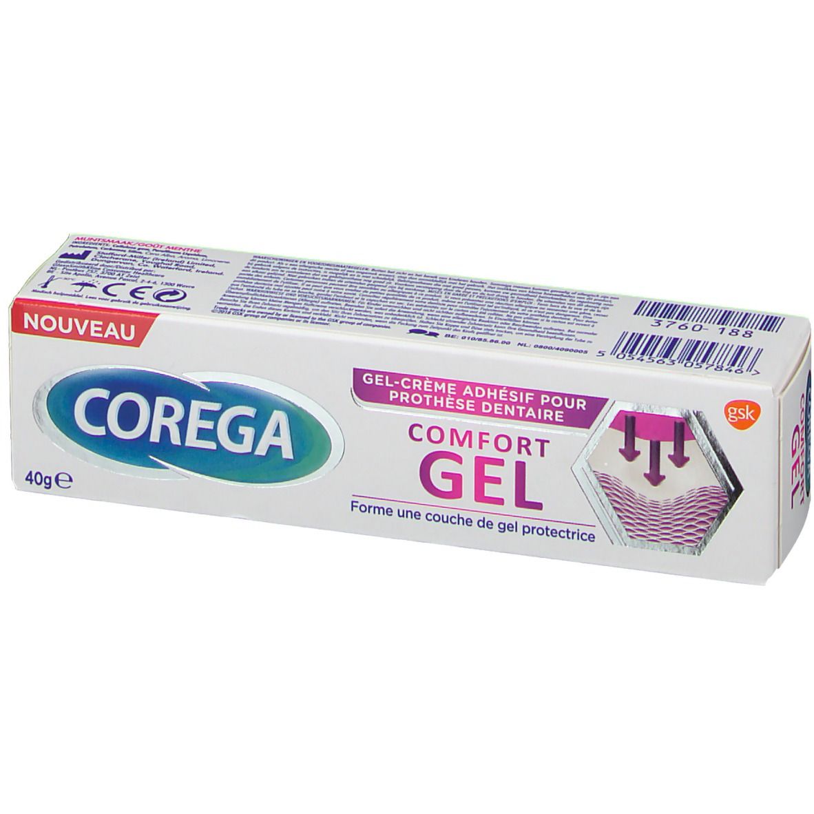 Boîte de Corega Comfort Gel en biais. Blanche, avec texte bleu et rose. Contient 40g.
