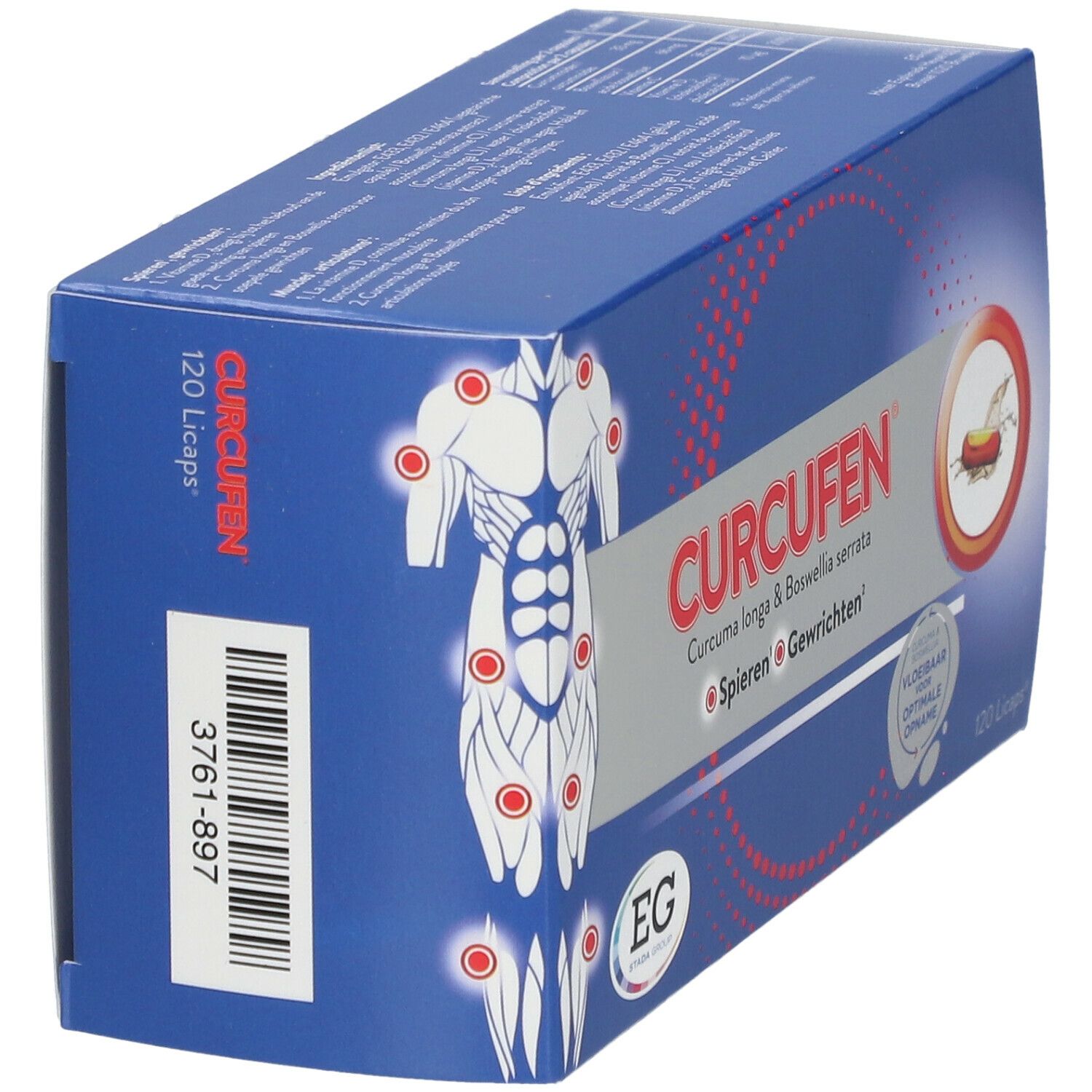 Boîte bleue et blanche avec nom du produit et illustration d'un corps humain avec des points rouges. Contient 120 gélules.