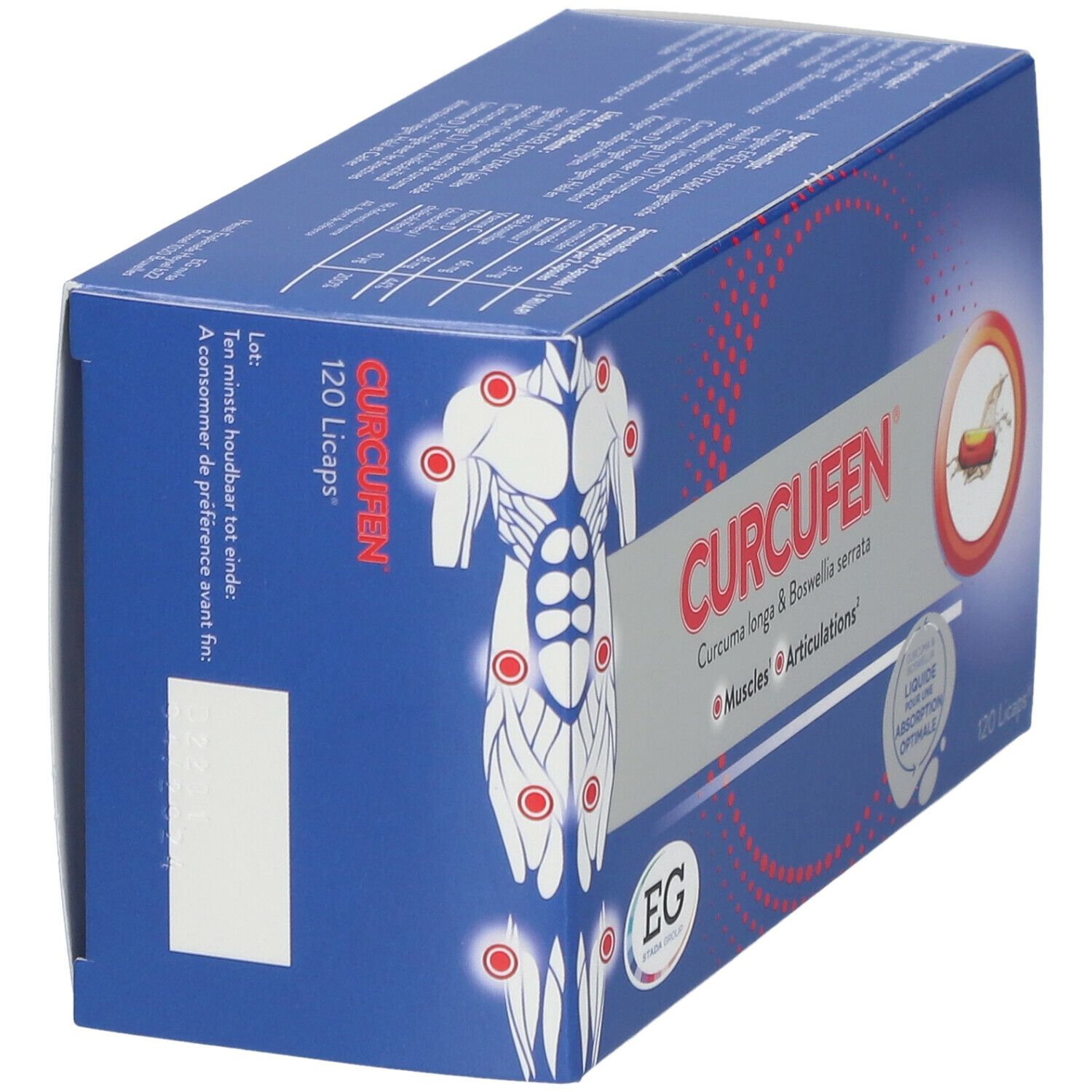 Boîte bleue avec nom du produit et illustration d'un corps humain avec des points rouges. Contient 120 gélules. Avec logo EG.