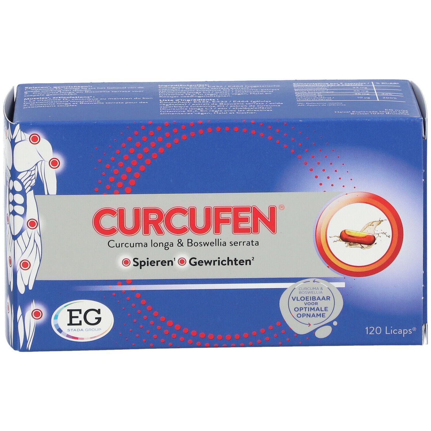 Boîte bleue avec nom du produit et illustration d'un corps humain avec des points rouges. Contient 120 gélules. Avec logo EG.