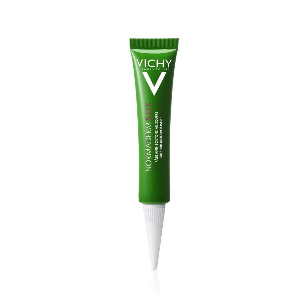 Emballage blanc. Logo Vichy et nom du produit : Normaderm S.O.S. Pâte Anti-Boutons au Soufre. Texte.