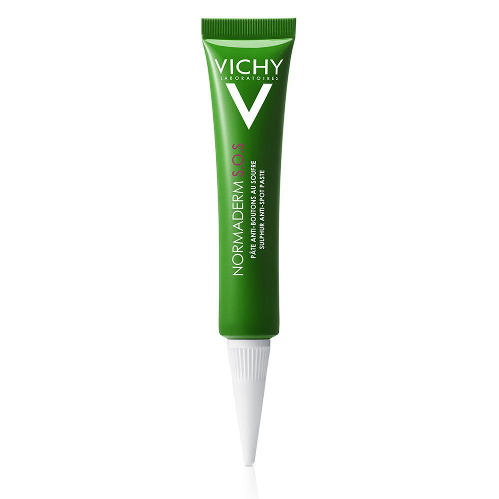 Tube vert avec embout blanc. Logo Vichy et nom du produit : Normaderm S.O.S. Pâte Anti-Boutons au Soufre.