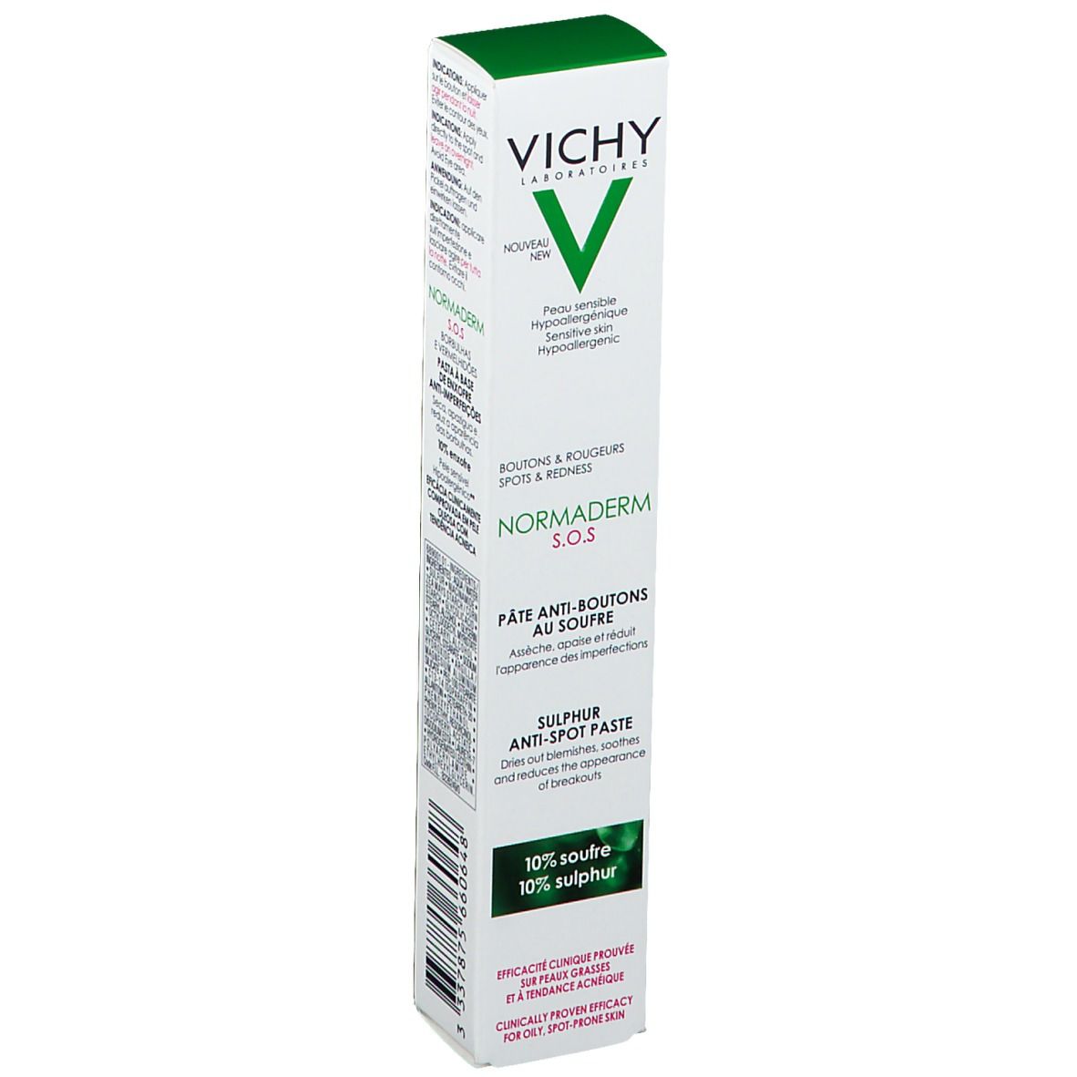 Emballage blanc. Logo Vichy et nom du produit : Normaderm S.O.S. Pâte Anti-Boutons au Soufre. Texte.