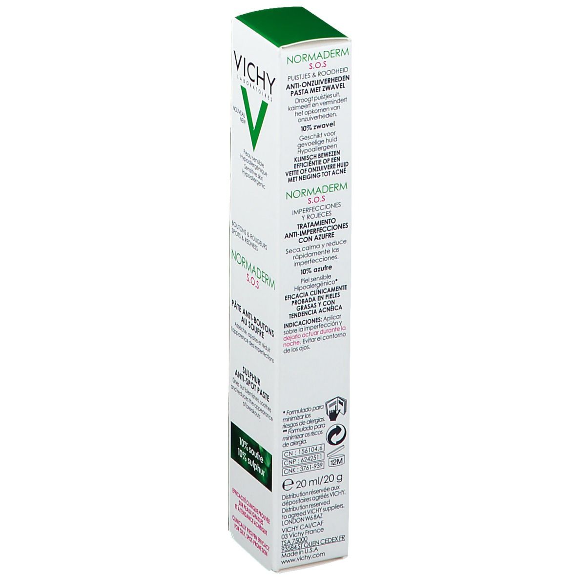 Emballage blanc. Logo Vichy et nom du produit : Normaderm S.O.S. Pâte Anti-Boutons au Soufre. Texte.
