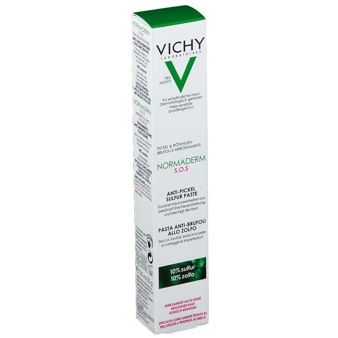 Emballage blanc. Logo Vichy et nom du produit : Normaderm S.O.S. Pâte Anti-Boutons au Soufre. Texte.