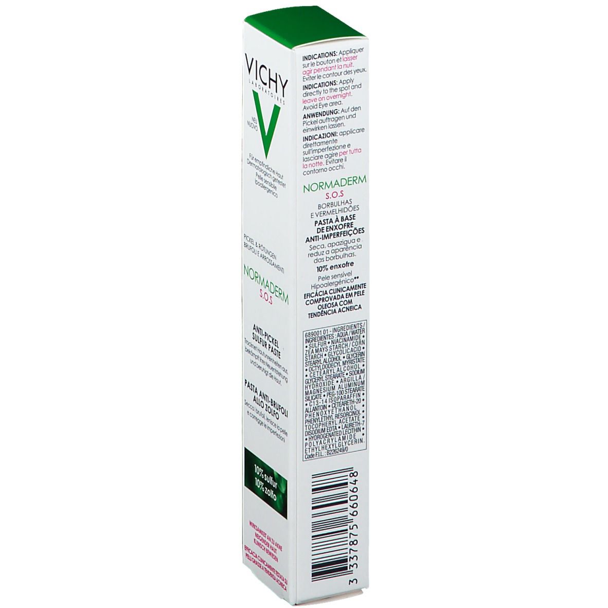 Emballage blanc. Logo Vichy et nom du produit : Normaderm S.O.S. Pâte Anti-Boutons au Soufre. Texte.