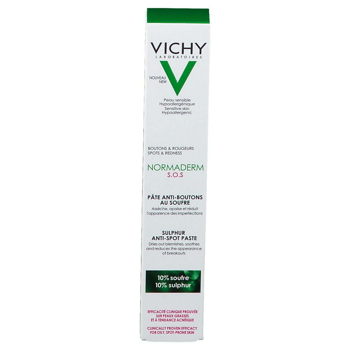 Emballage blanc. Logo Vichy et nom du produit : Normaderm S.O.S. Pâte Anti-Boutons au Soufre. Texte.