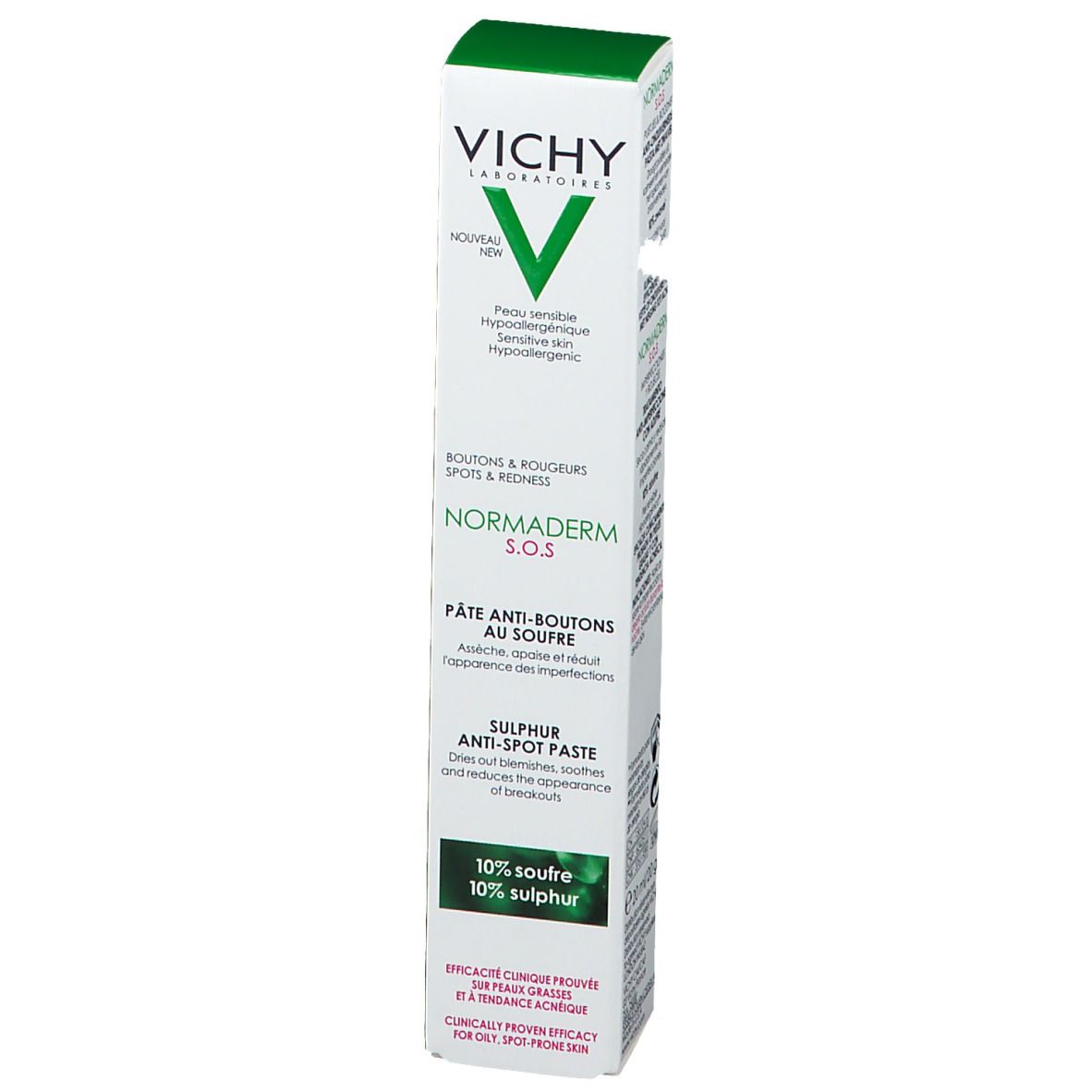Tube vert avec embout blanc. Logo Vichy et nom du produit : Normaderm S.O.S. Pâte Anti-Boutons au Soufre.