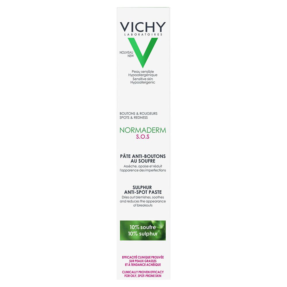Emballage blanc. Logo Vichy et nom du produit : Normaderm S.O.S. Pâte Anti-Boutons au Soufre. Texte.