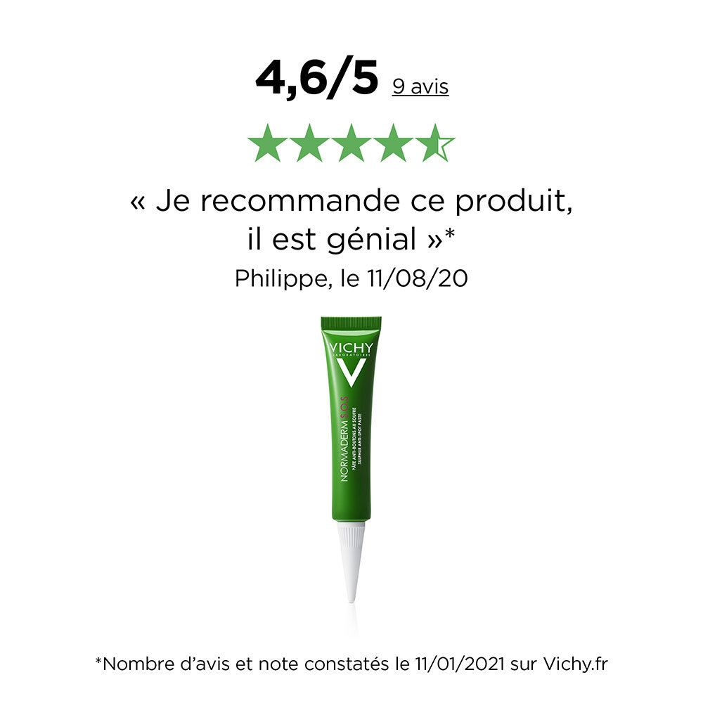 Évaluation 4,6/5 étoiles. Nom du produit : Normaderm. Citation : « Je recommande ce produit, il est génial ».