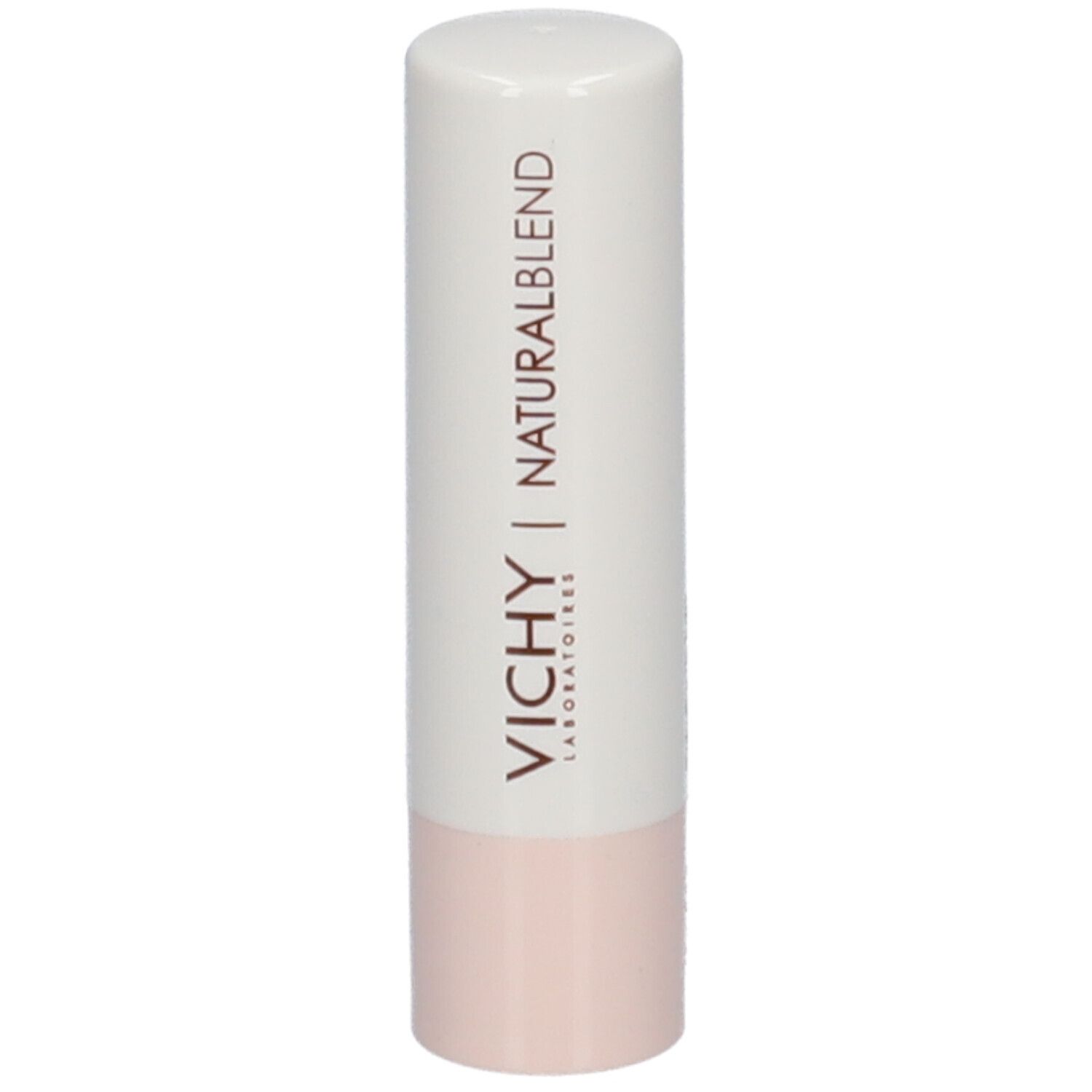 Baume à lèvres avec capuchon blanc, VICHY et NATURALBLEND. La partie inférieure est rose clair.