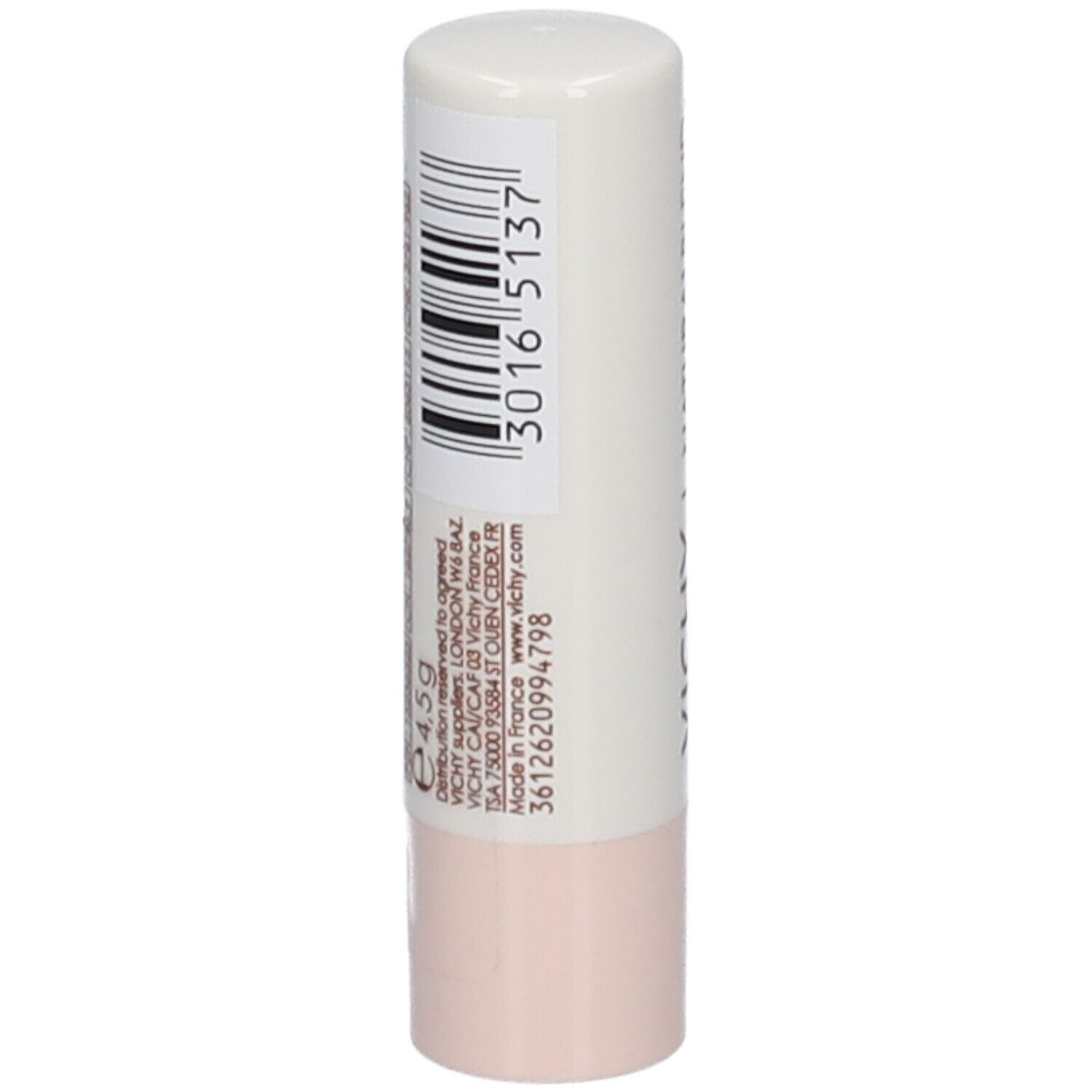 Baume à lèvres avec capuchon blanc, VICHY et NATURALBLEND. La partie inférieure est rose clair.