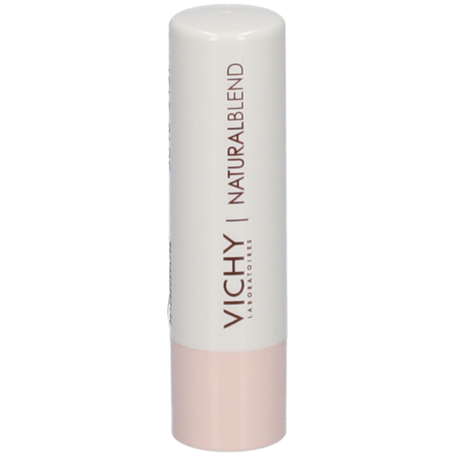 Baume à lèvres avec capuchon blanc, VICHY et NATURALBLEND. La partie inférieure est rose clair.