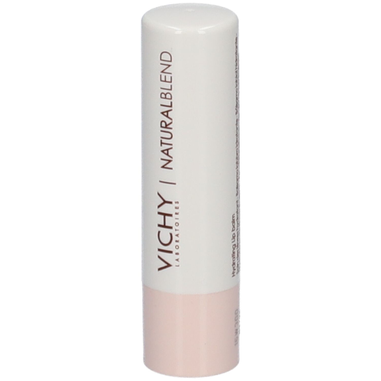 Baume à lèvres avec capuchon blanc, VICHY et NATURALBLEND. La partie inférieure est rose clair.