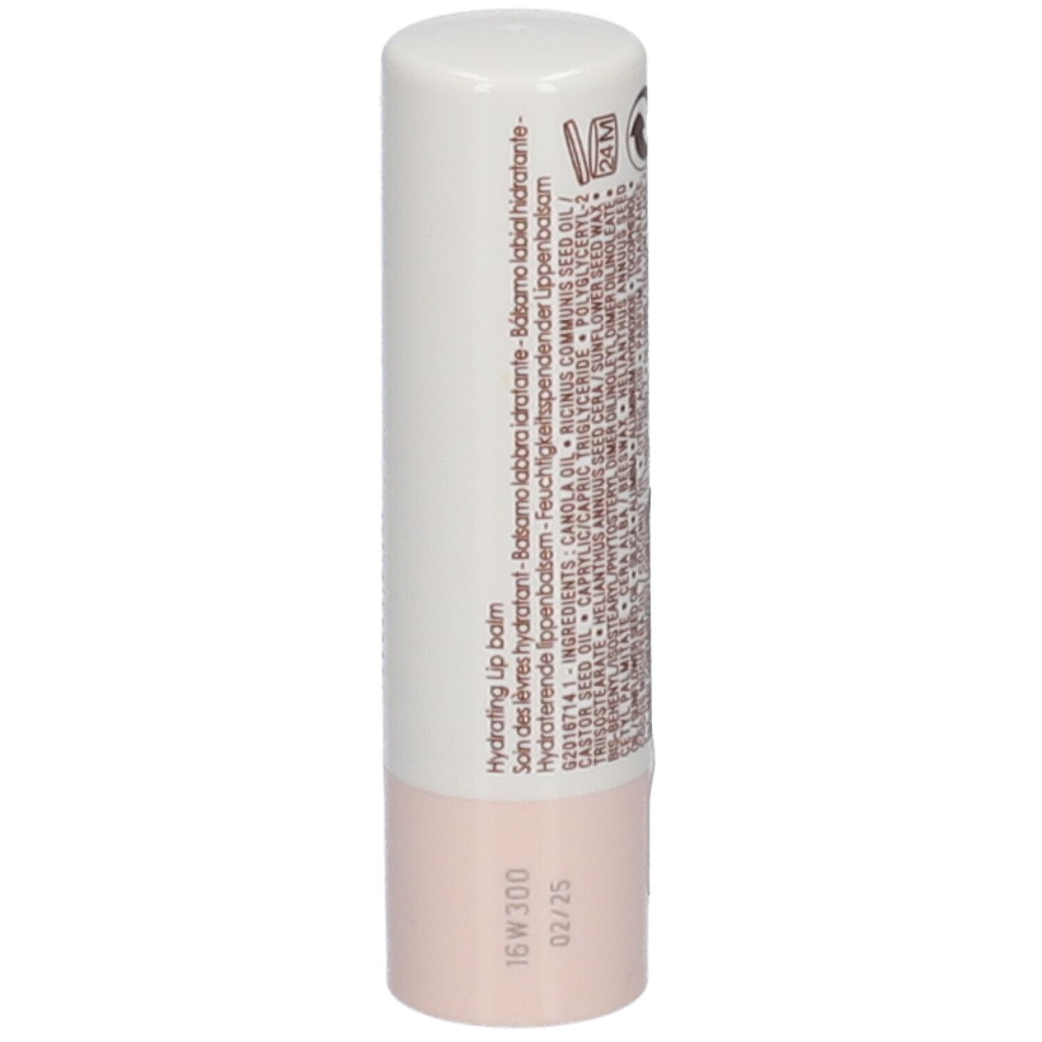 Baume à lèvres avec capuchon blanc, VICHY et NATURALBLEND. La partie inférieure est rose clair. Dos avec informations.
