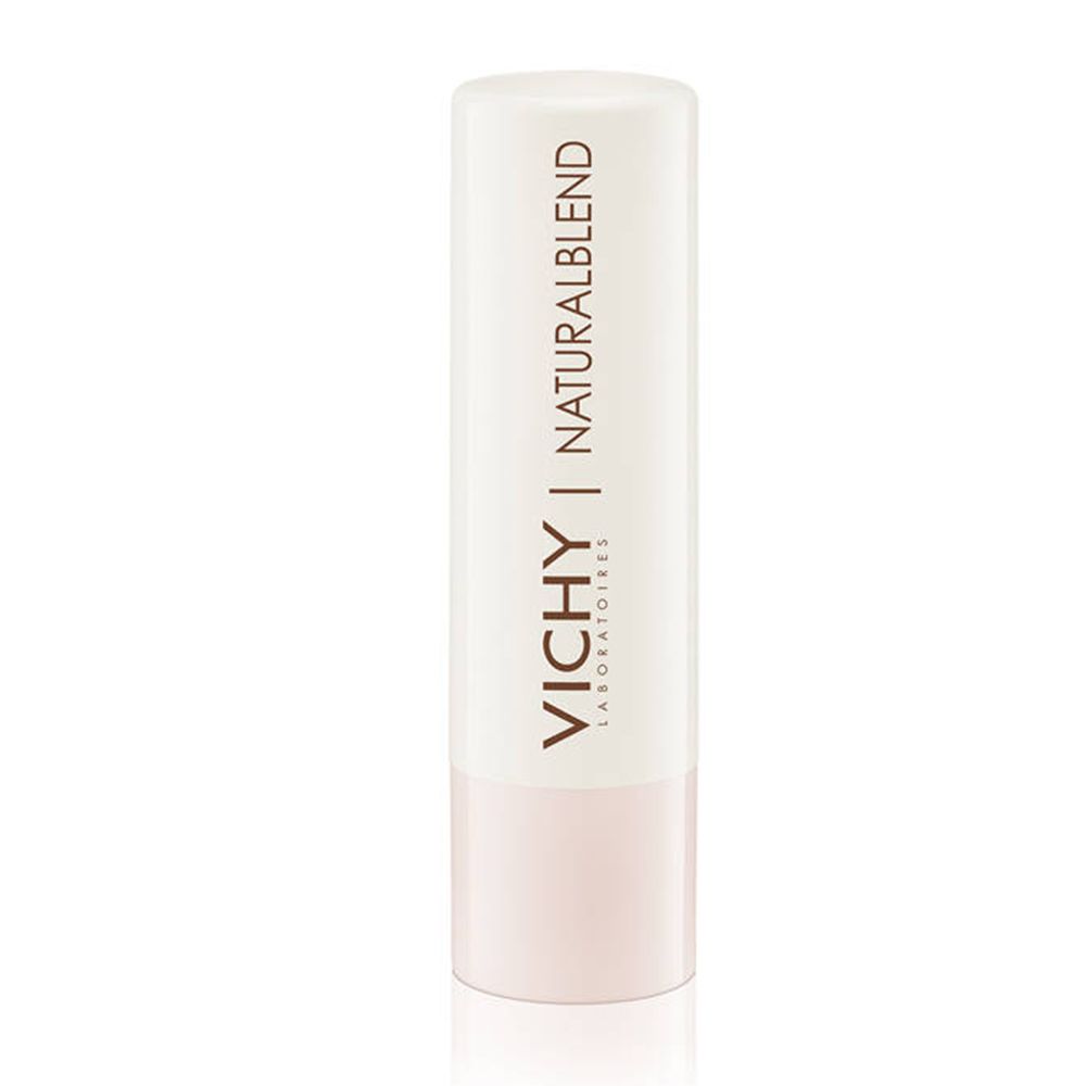 Baume à lèvres avec capuchon blanc, VICHY et NATURALBLEND. La partie inférieure est rose clair.