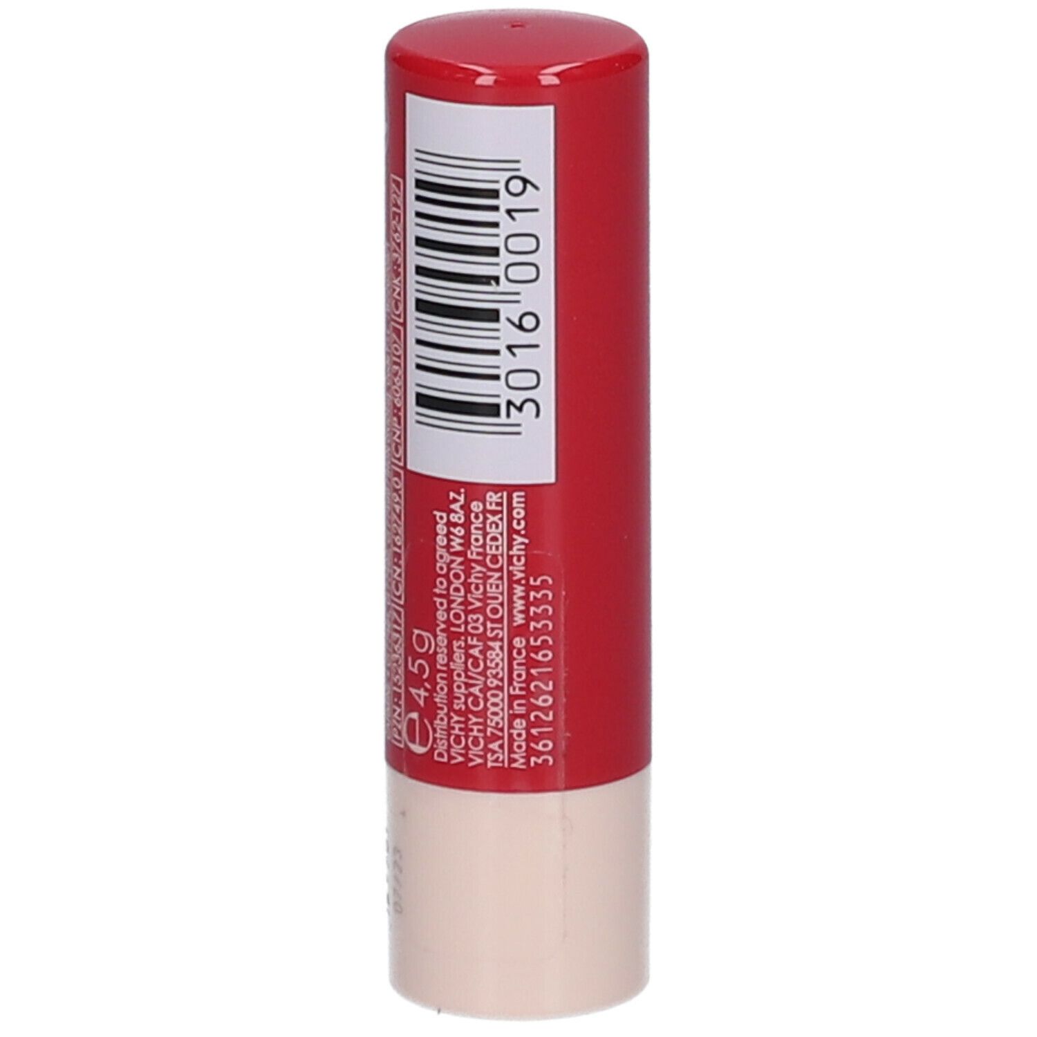 Roter Lippenbalsam. Rückseite mit Barcode und Text. 4,5g.