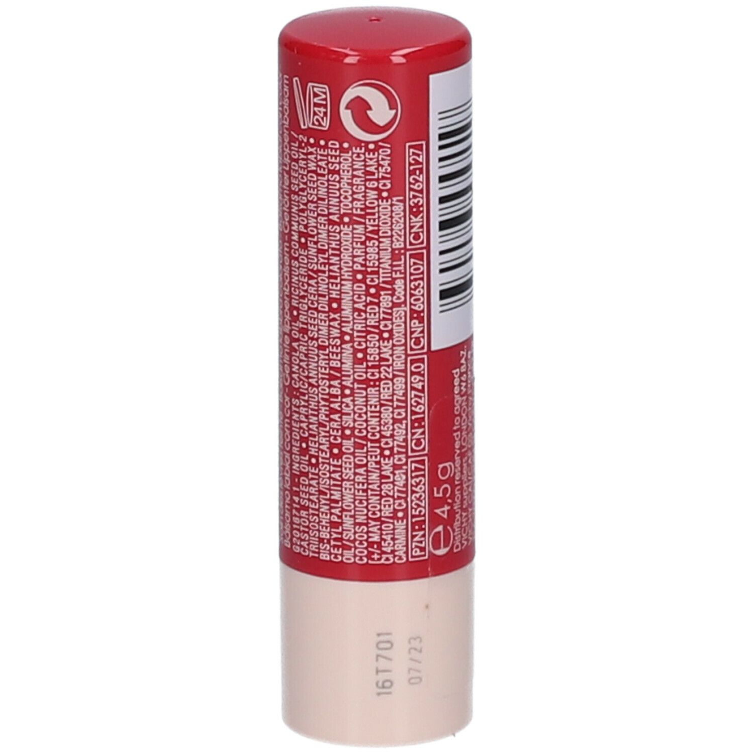 Roter Lippenbalsam. Rückseite mit Inhaltsstoffen und Text. 4,5g.