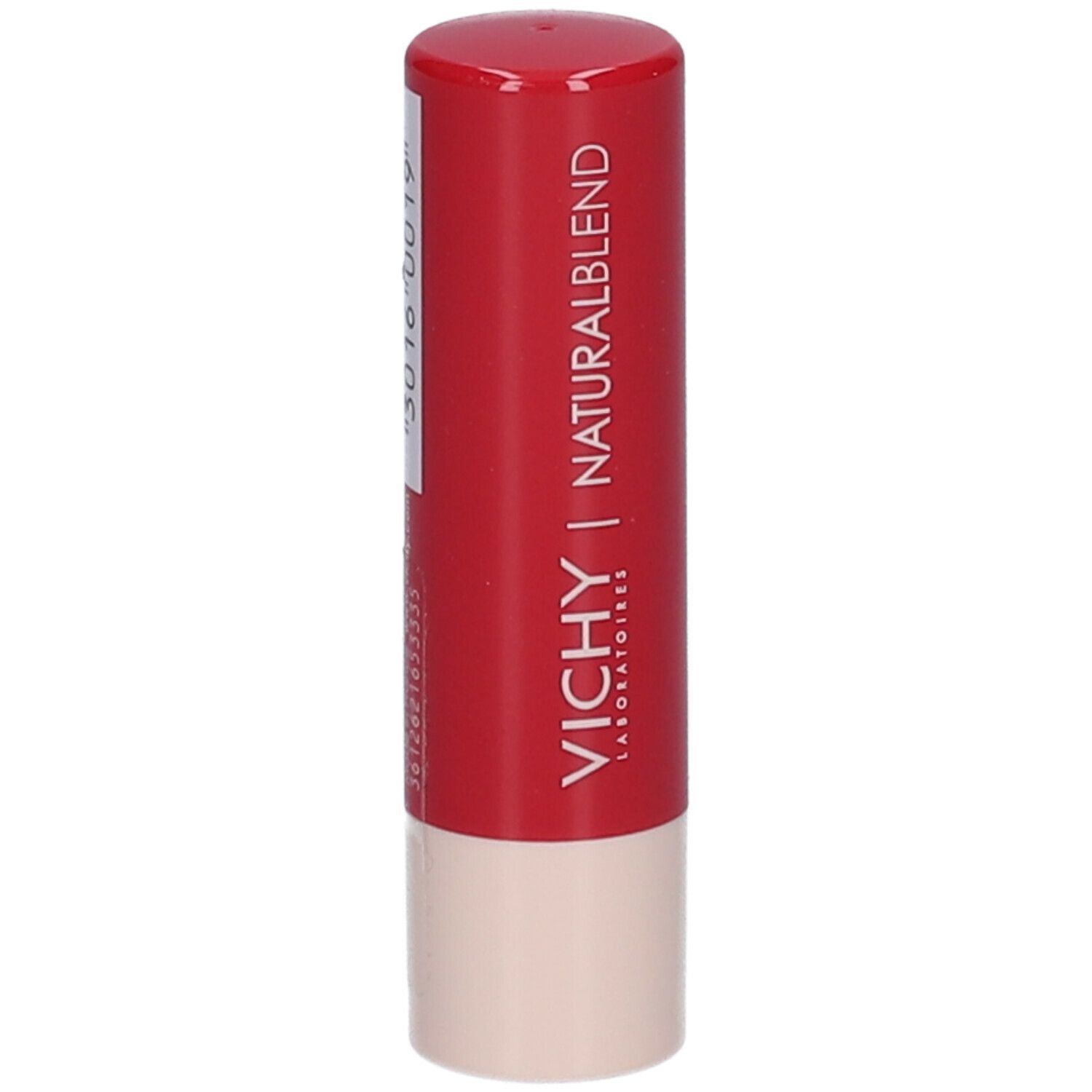 Roter Lippenbalsam. VICHY | NATURALBLEND. Rückseite mit Text.