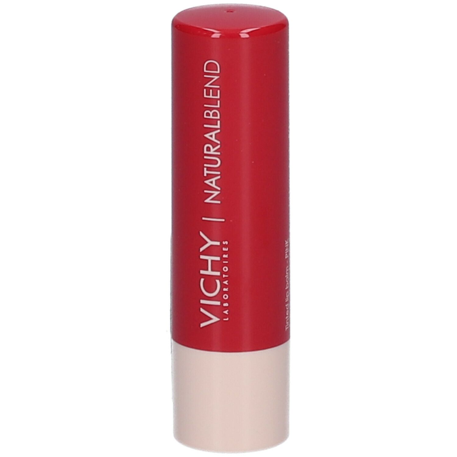 Roter Lippenbalsam. VICHY | NATURALBLEND. Rückseite mit Text.