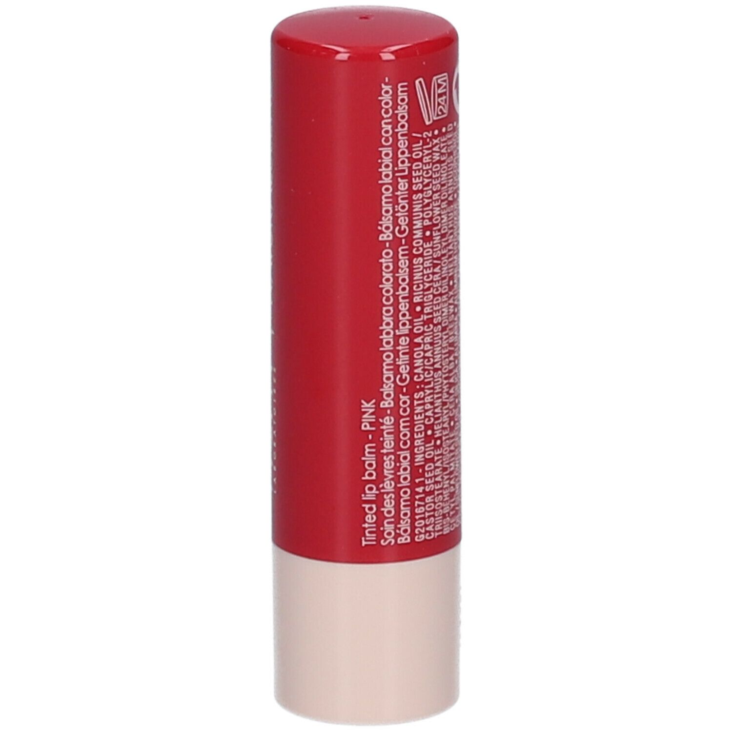Roter Lippenbalsam. Rückseite mit Text: Tinted lip balm - PINK.