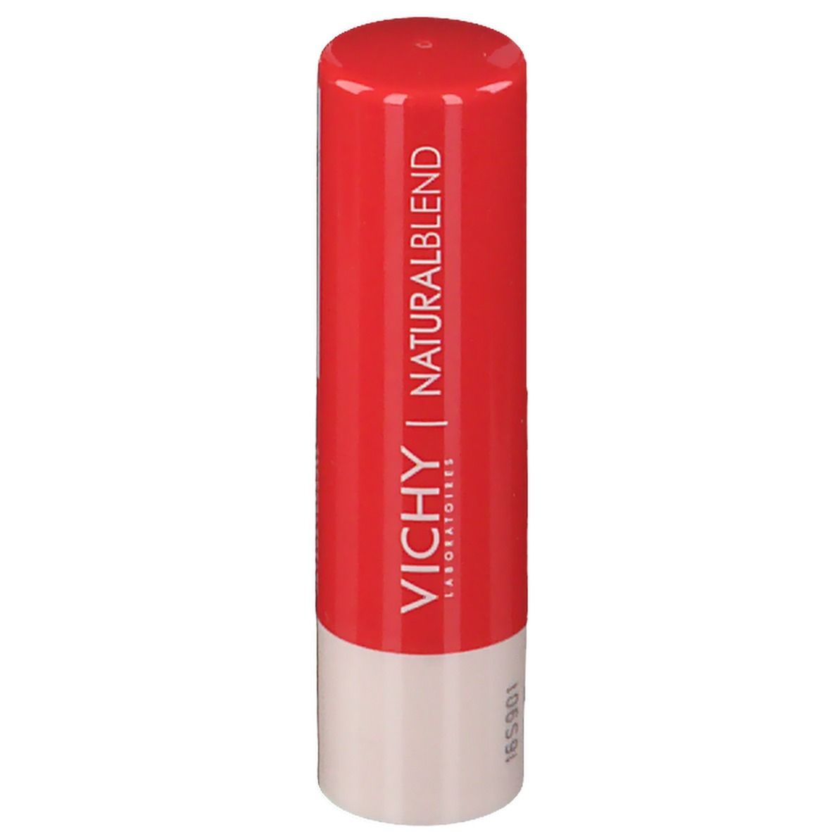 Baume à lèvres rouge et blanc. Logo VICHY NATURALBLEND. Debout.