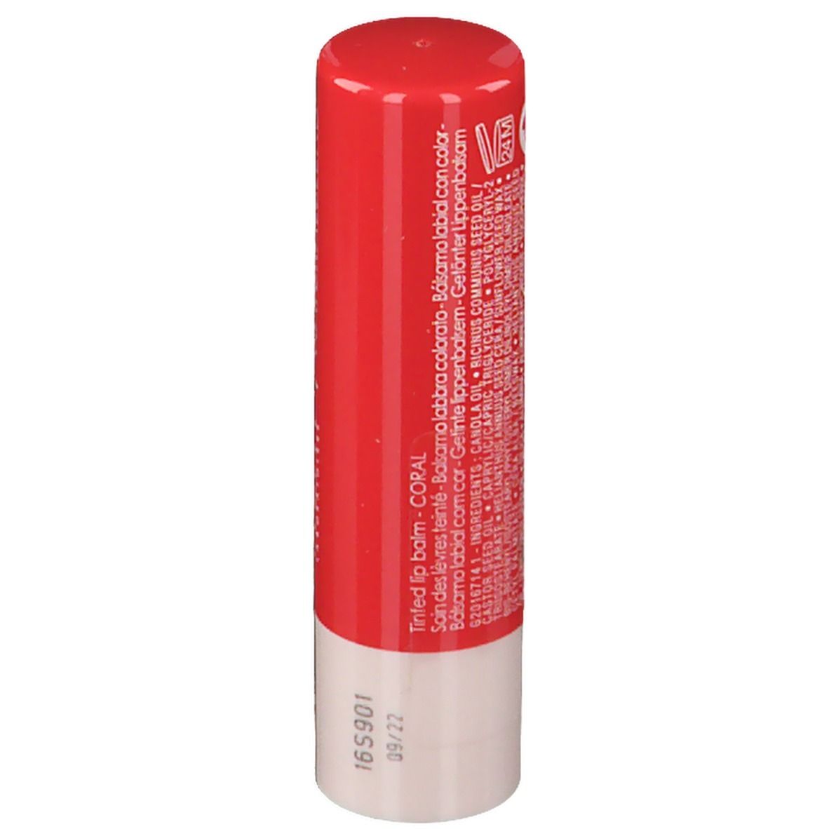 Baume à lèvres rouge et blanc. Texte sur le produit. Couleur corail.