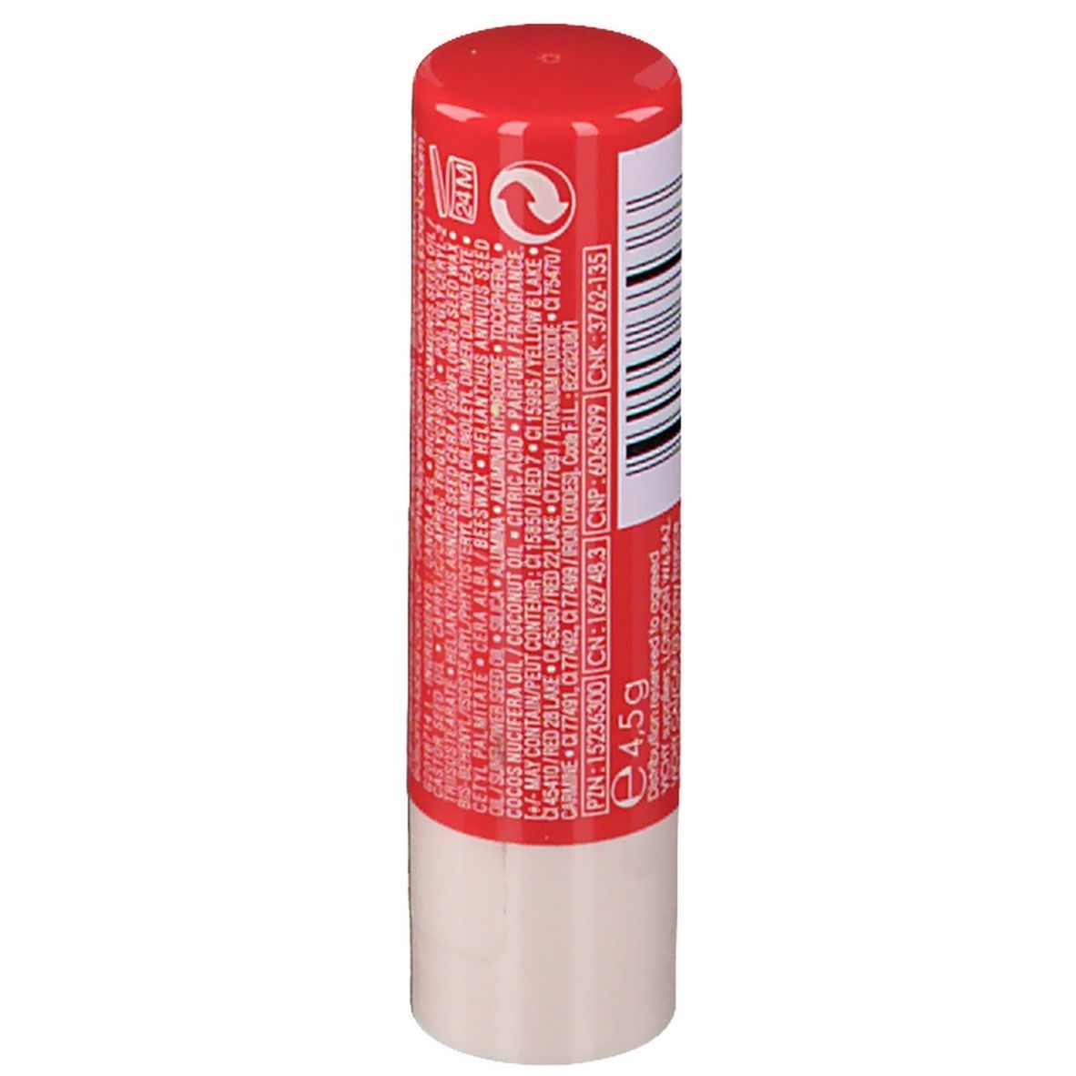Baume à lèvres rouge et blanc. Texte et code-barres. Couleur corail.